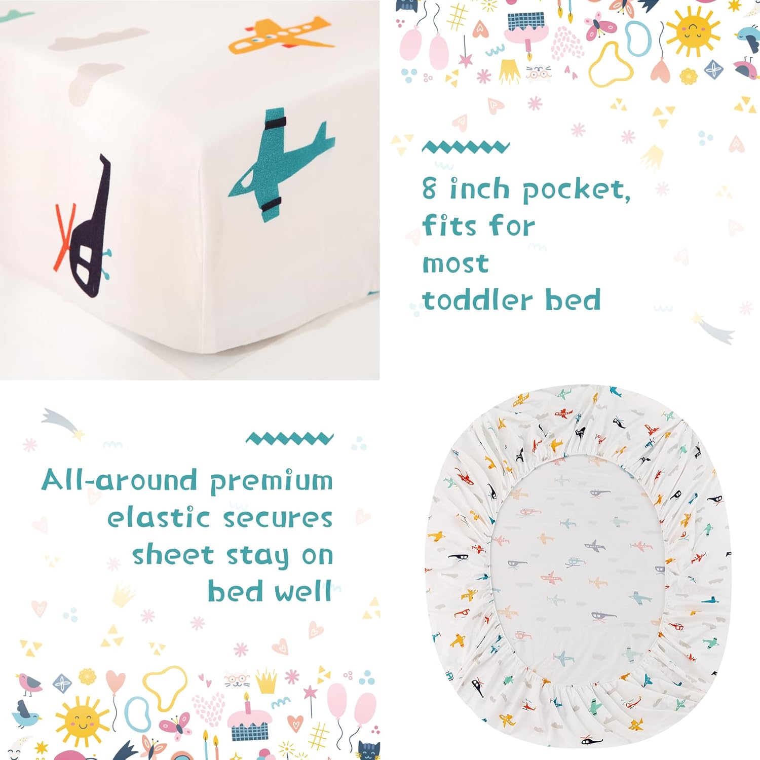 JSD Juego de ropa de cama de 4 piezas con diseño de avión para niños y niñas, incluye sábana encimera, sábana bajera, edredón acolchado y funda de