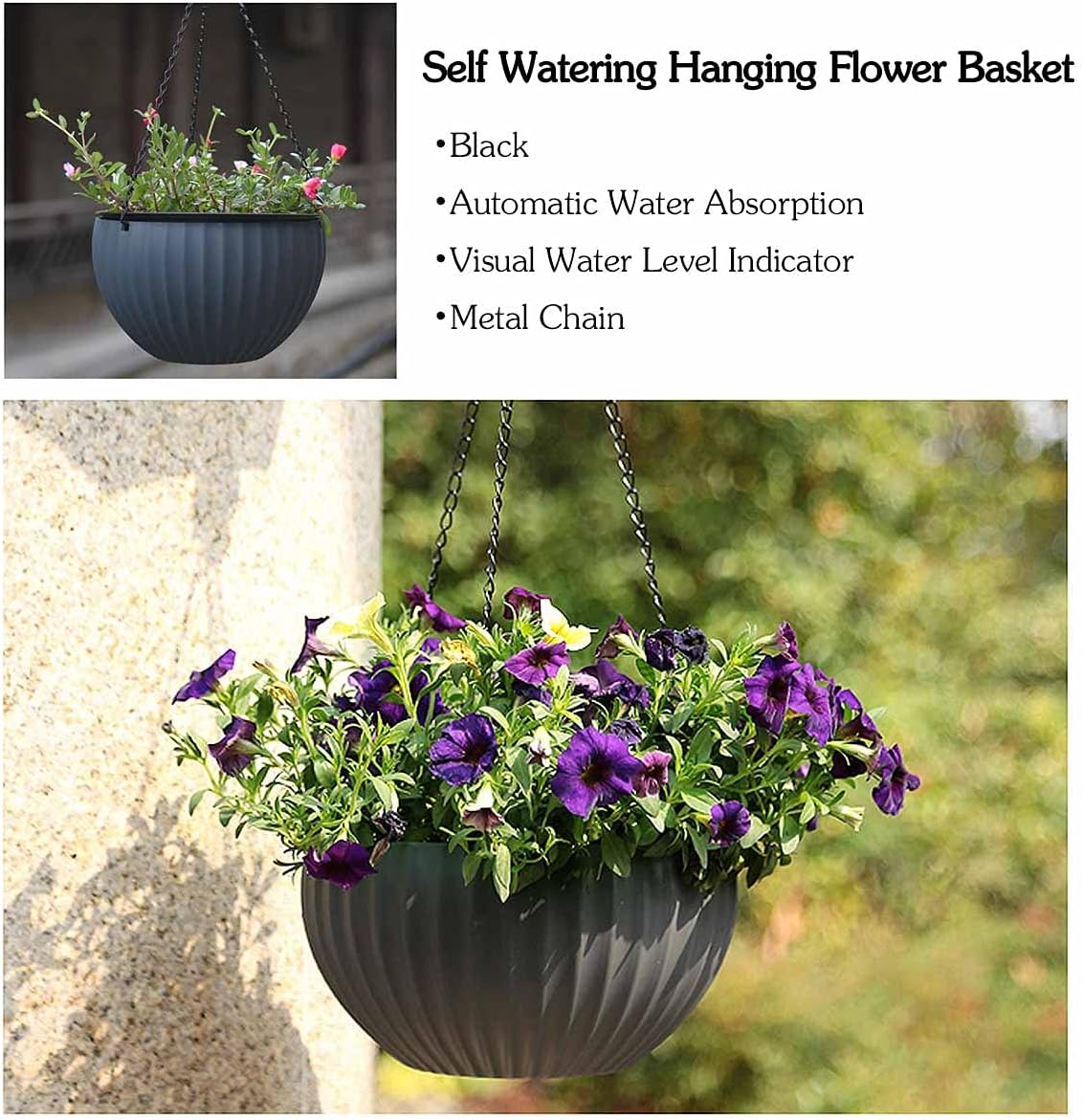 ZH-002 – Paquete de 1 cesta colgante redonda negra de 8.3 pulgadas, maceta colgante de metal, maceta de plástico de cerámica de imitación, maceta