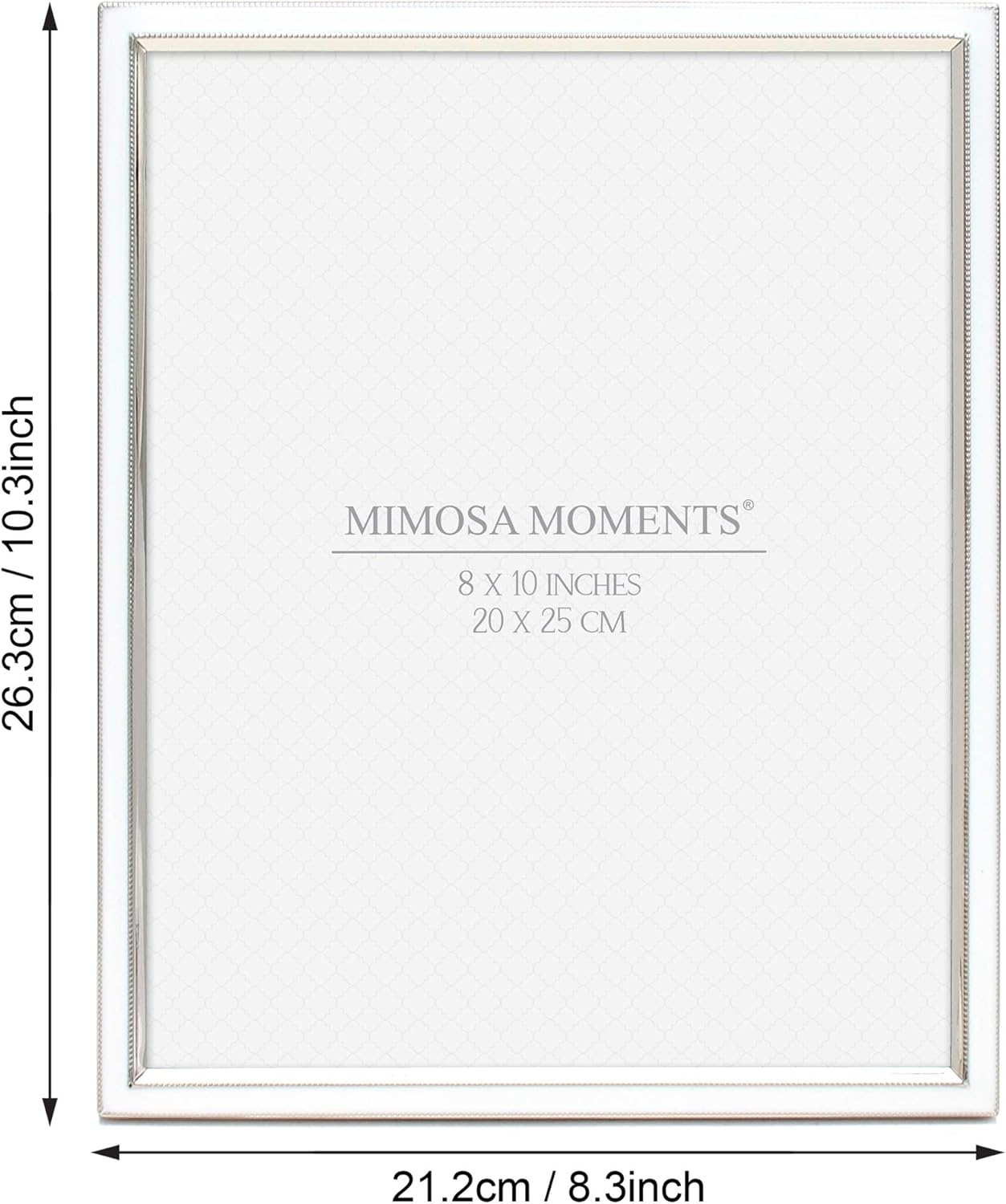 MIMOSA MOMENTS Marco de fotos de boda de metal esmaltado con soporte, pantalla de 8 x 10 pulgadas (plateado y blanco, 8 x 10)