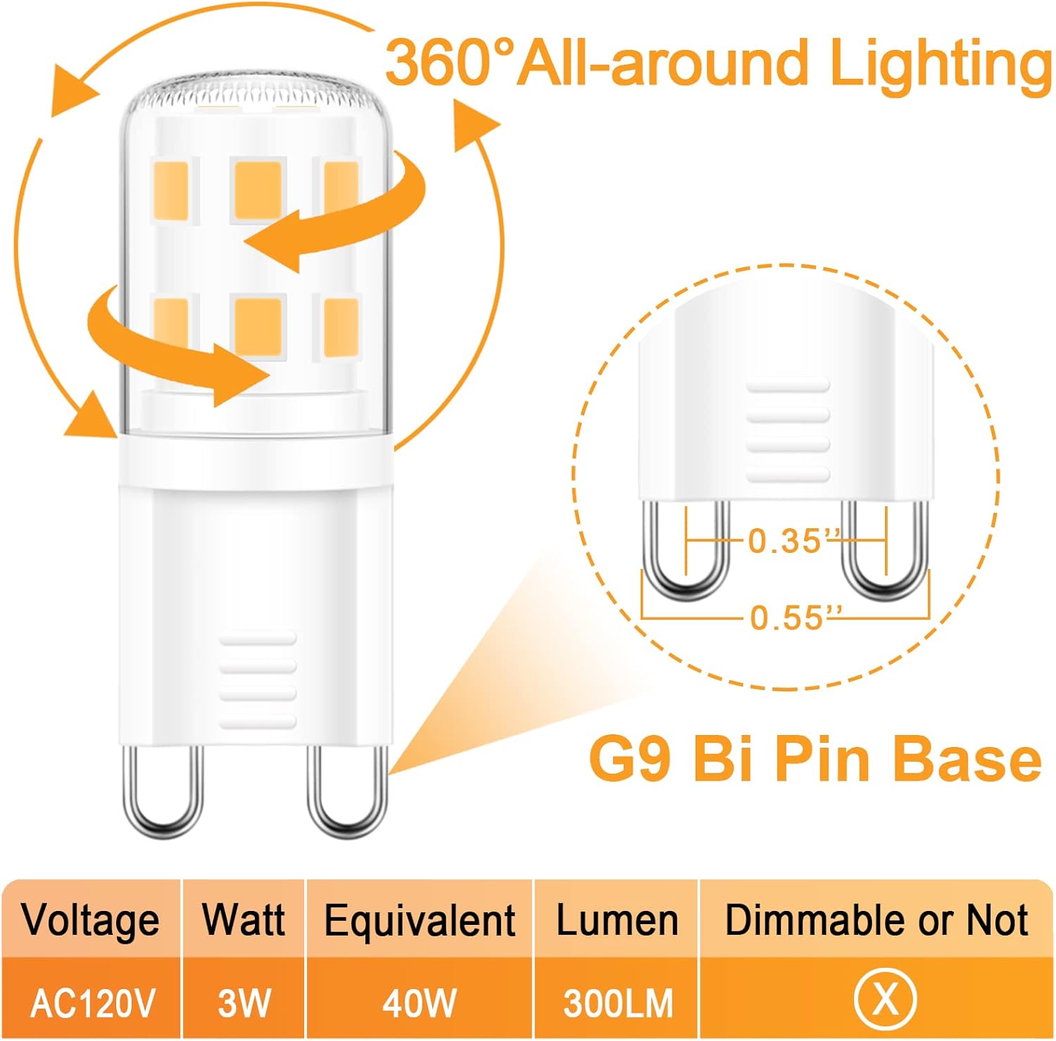 Paquete de 4 bombillas LED G9, reemplazo halógeno de 40 vatios, blanco cálido 2700 K, bombilla LED T4 no regulable, base G9 de dos pines, bombillas