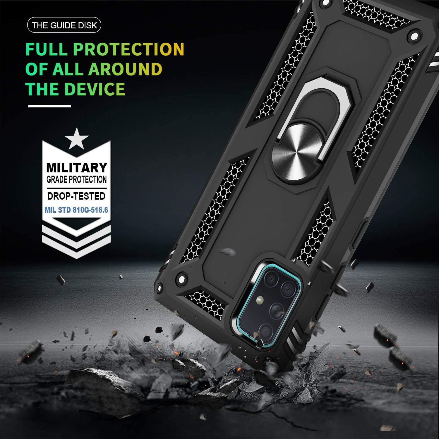 TJS Funda compatible con Samsung Galaxy A51 5G (no compatible con Galaxy A51 4G), con protector de pantalla de vidrio templado, anillo de metal,