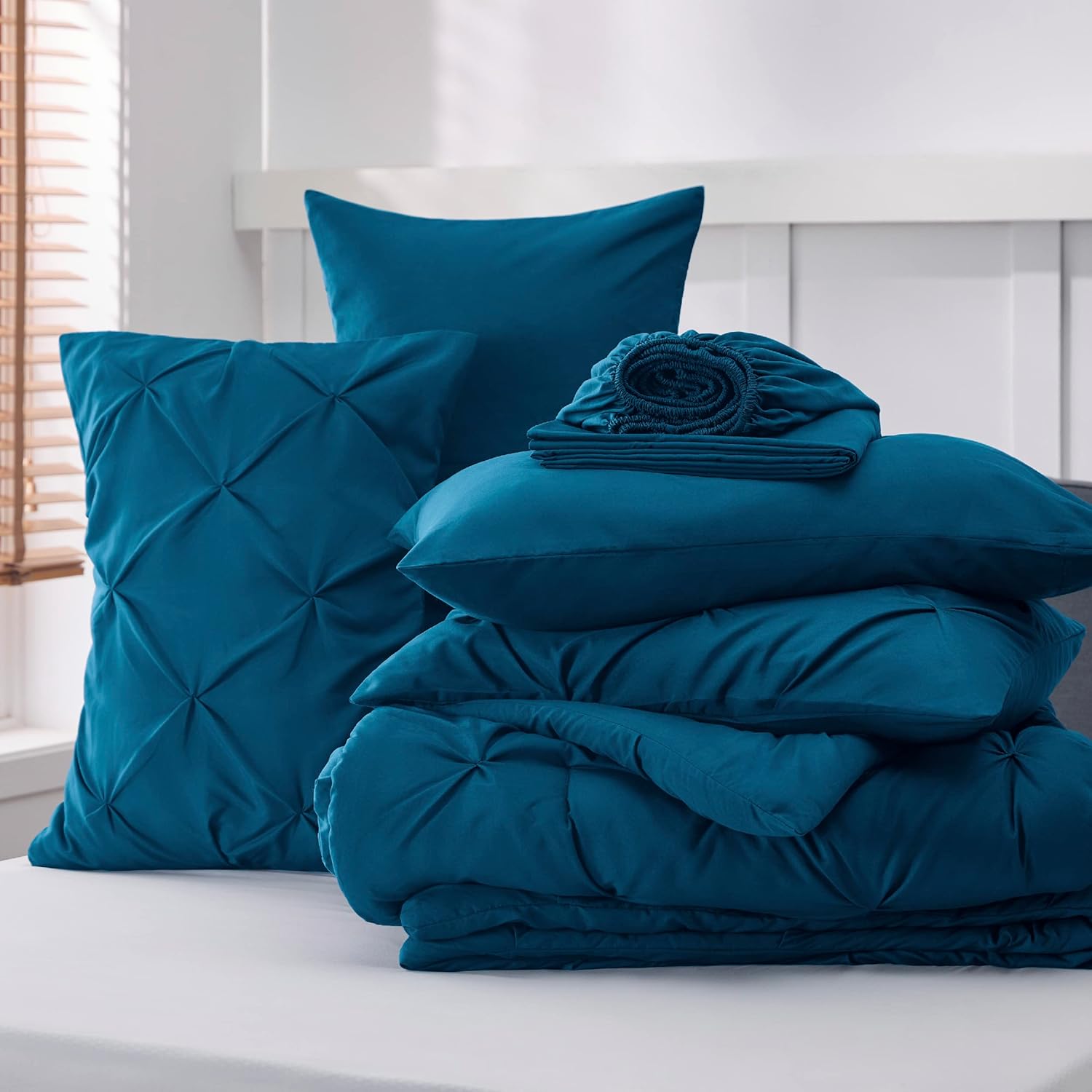 BEDSURE Juego de ropa de cama con edredón tamaño individual de 5 piezas, diseño de pliegues, con edredón, sábanas, funda de almohada y funda