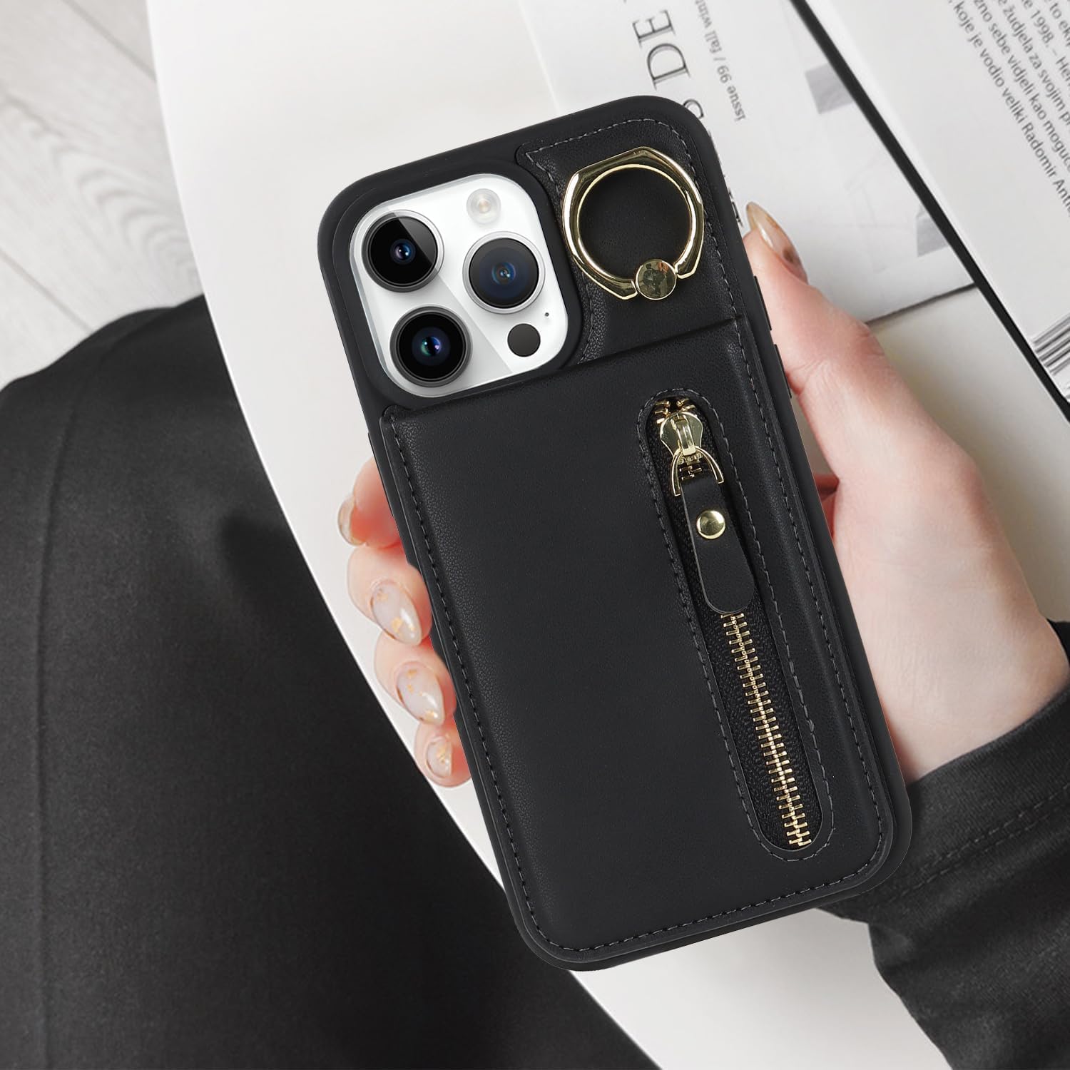 Funda para iPhone 13 Pro Max con tarjetero para mujer, iPhone 13 Pro Max, funda para teléfono con tarjeta de crédito con anillo, cierre de soporte,