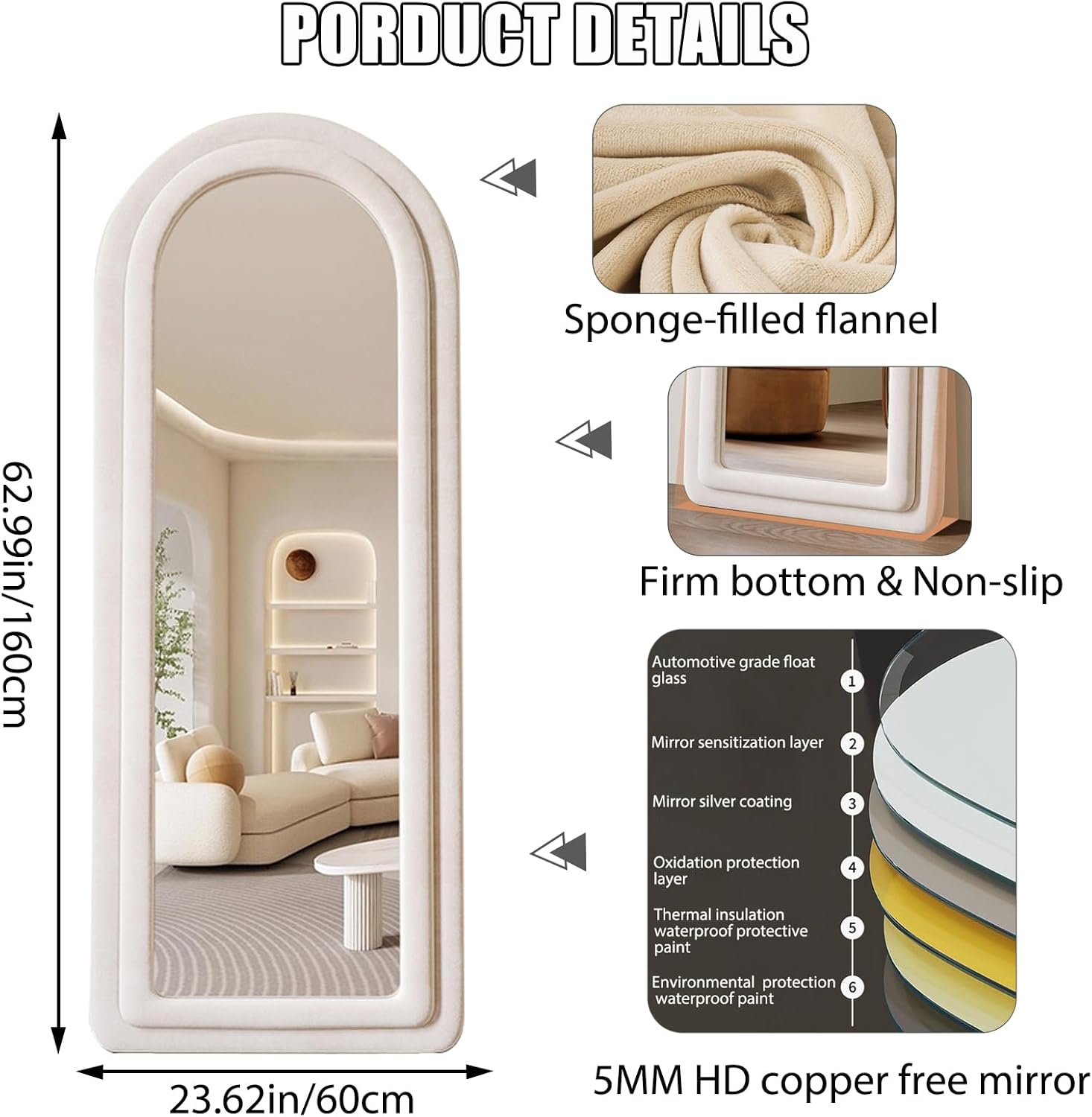 Espejo de franela de longitud completa con soporte arqueado para colgar en la pared, espejo corporal de 63 x 24 pulgadas, HD modernos y grandes