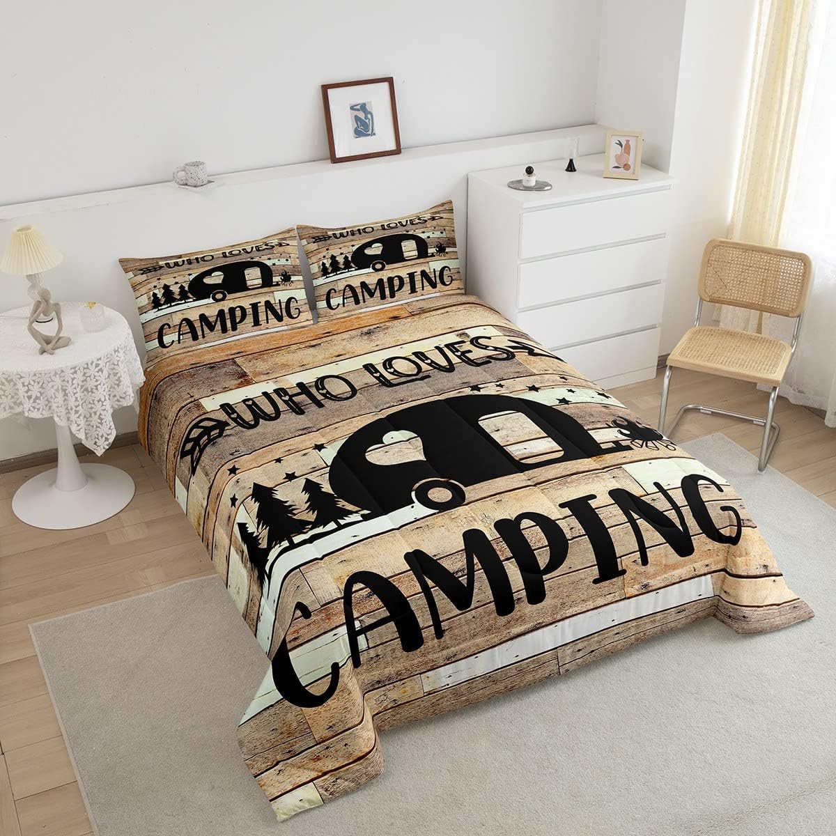 Juego de edredón de caravana de viaje, tamaño Queen, juego de ropa de cama rústica marrón con puerta de granero de 3 piezas para niños, adolescentes