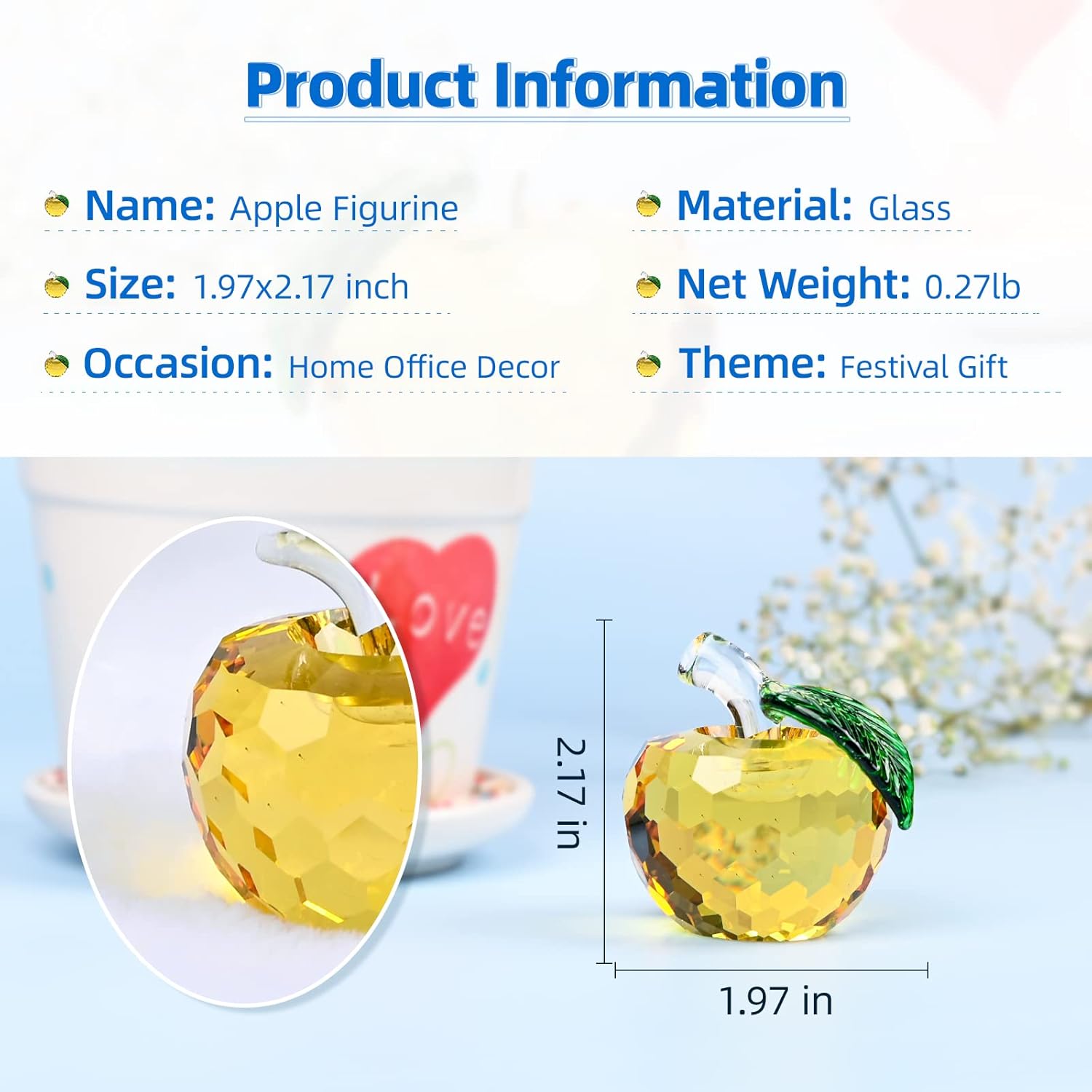Adorno de manzana de cristal, figuras de cristal para decoración del hogar, animales de cristal, figuras coleccionables, regalo para mujeres, día de
