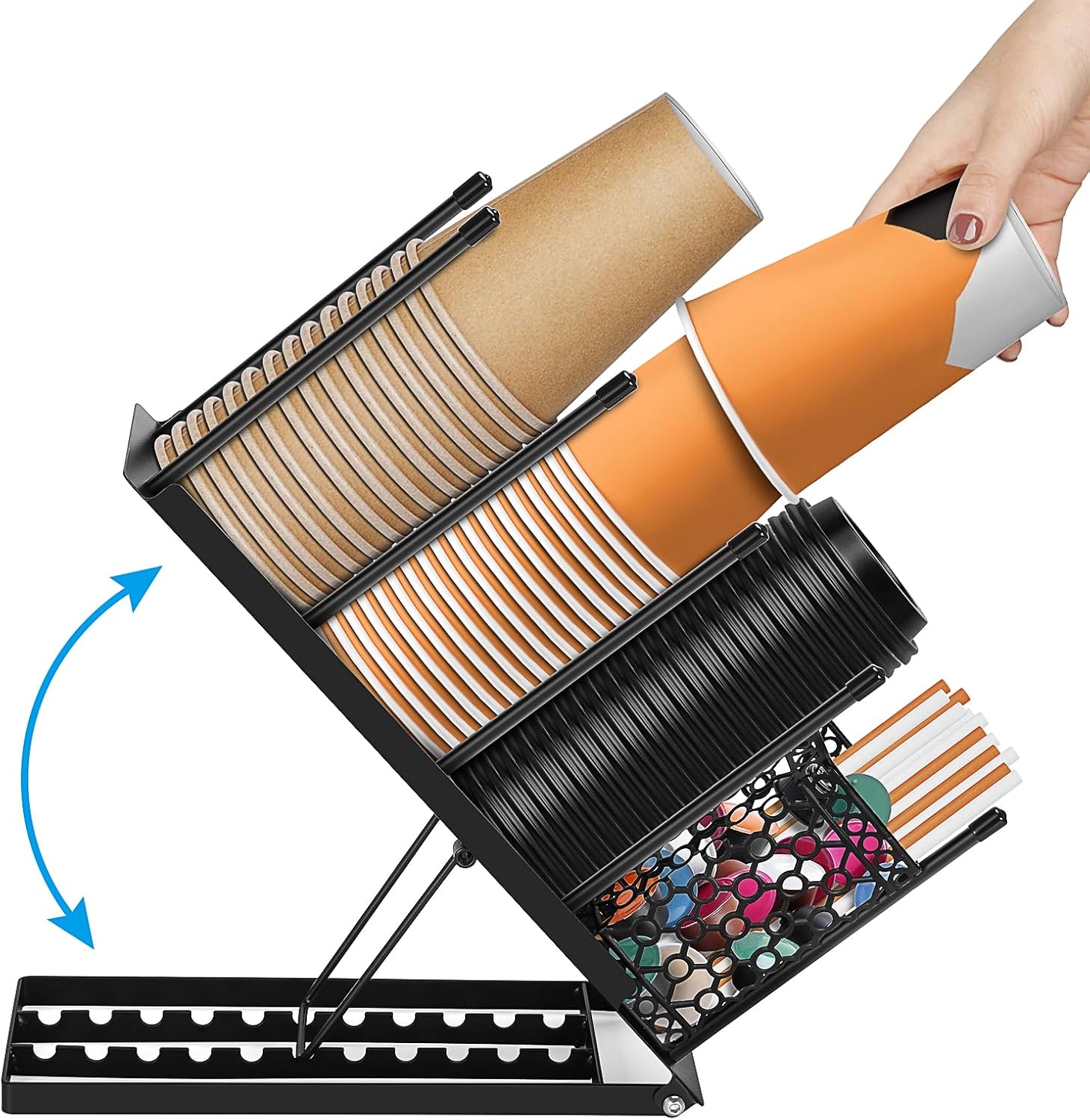 ShineMe Soporte desechable para tazas y tapas con organizador de pajita, dispensador de taza de café de metal, 4 compartimentos ajustables de