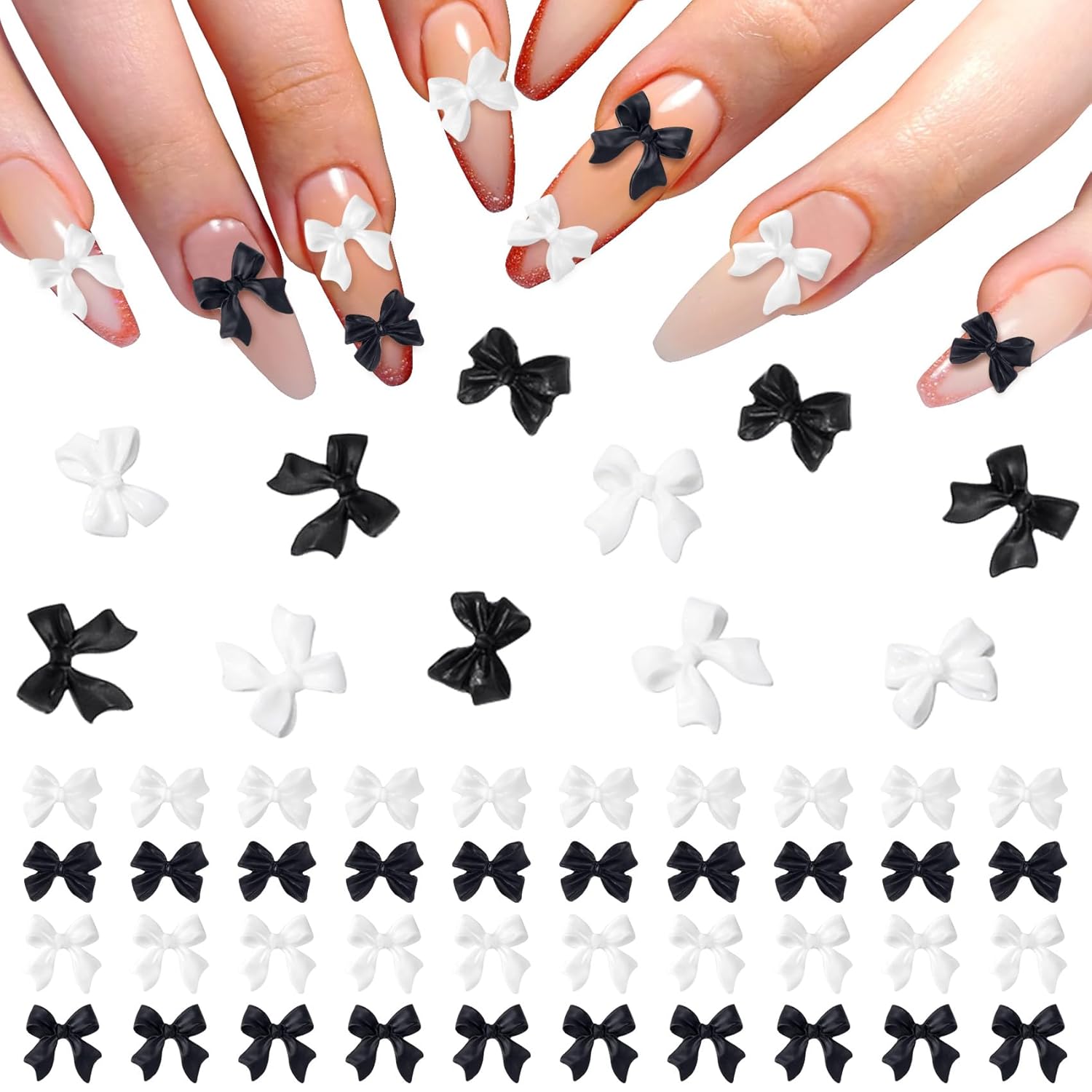HINZIC 280 lazos de uñas 3D, lazo blanco y negro, lindo dije de mariposa de resina, perlas acrílicas para uñas, diamantes de imitación, decoración
