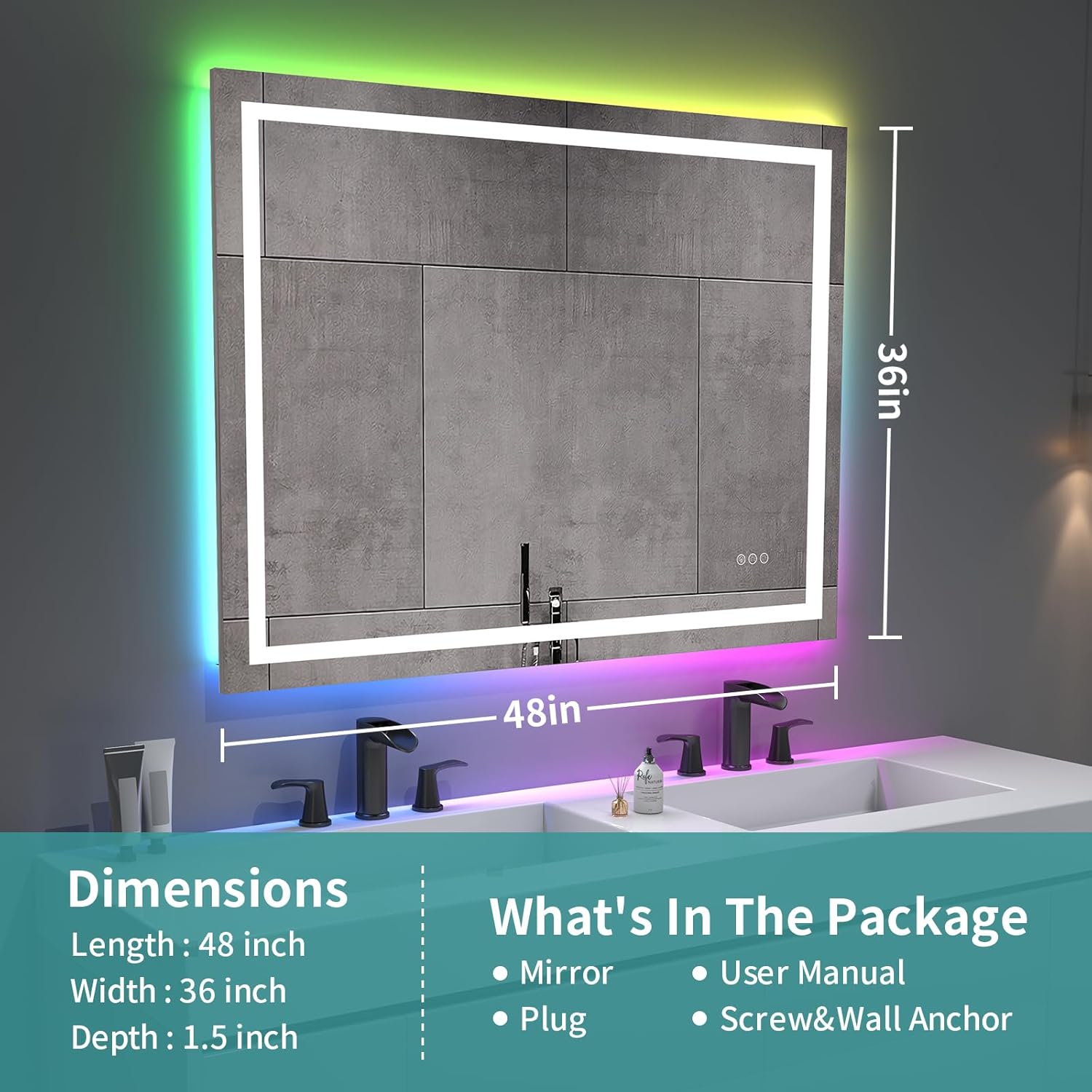 JONKEAN Espejo de baño LED de 48 x 36 pulgadas con luces, espejo LED antivaho montado en la pared para baño, espejos de baño rectangulares con