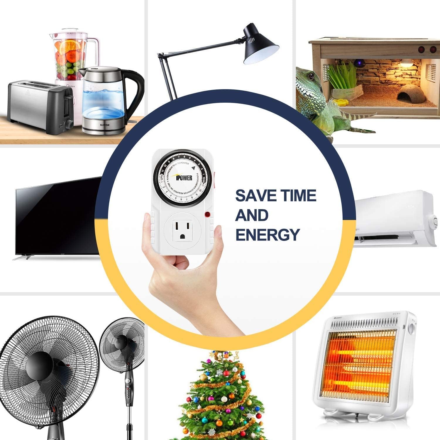 iPower Temporizador mecánico enchufable de 24 horas, temporizador para enchufes eléctricos acuario conectado a tierra, luz de crecimiento,