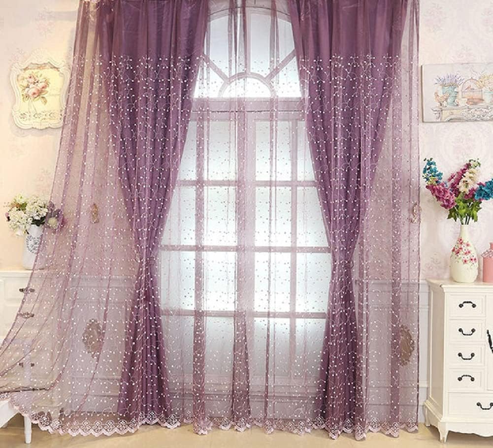HooHero Cortinas transparentes de lujo de estilo campestre para sala de estar, dormitorio, cortina de gasa bordada