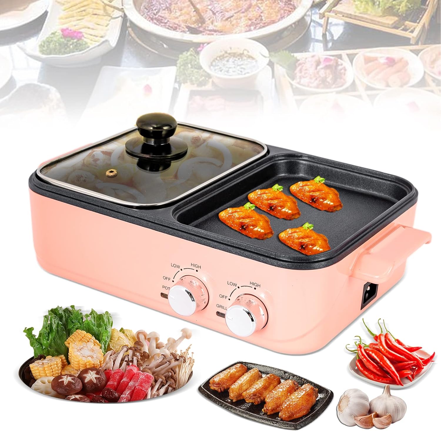 Olla eléctrica con parrilla, 2 en 1 antiadherente para interiores Shabu Shabu Shabu y sartén, mini olla caliente portátil para freír, fideos,