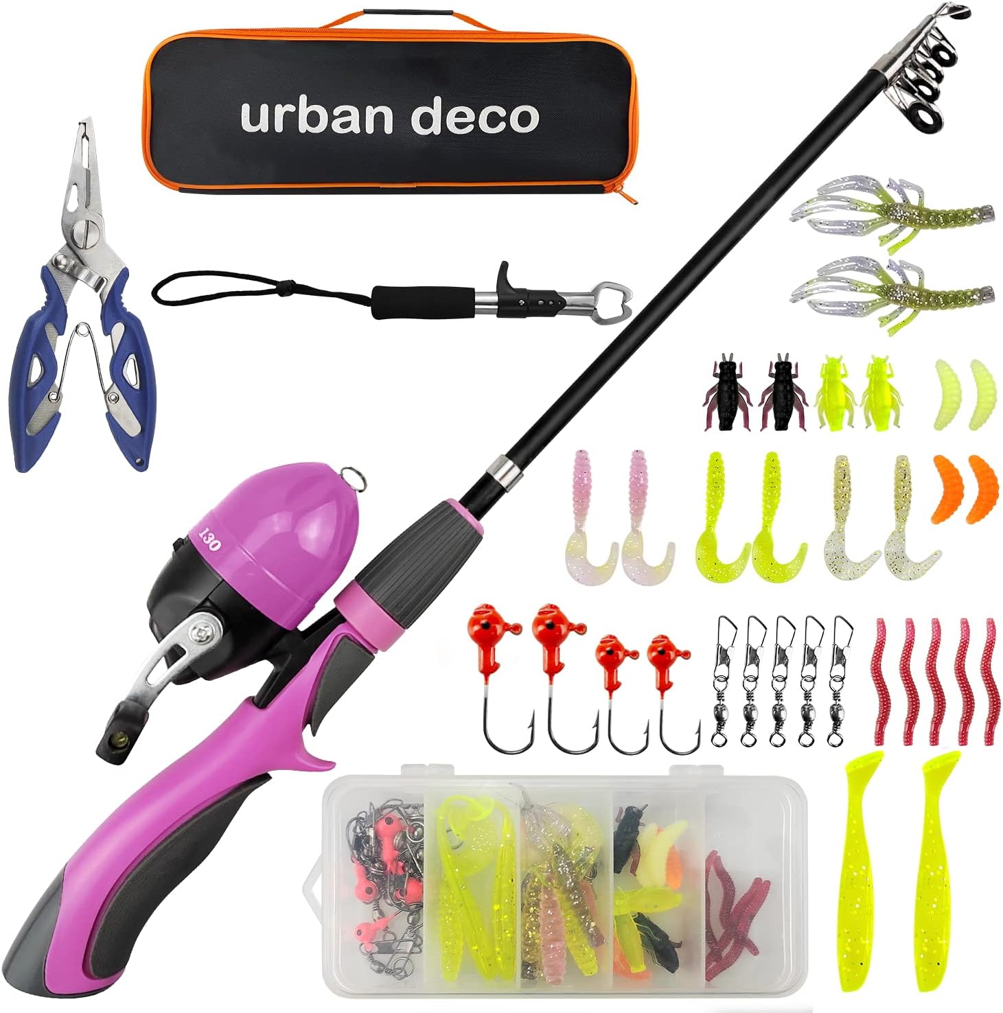 Urban Deco Juego de caña de pescar para niños, portátil, telescópica, caña, carrete y kit combinado con caja de aparejos para principiantes, niños,