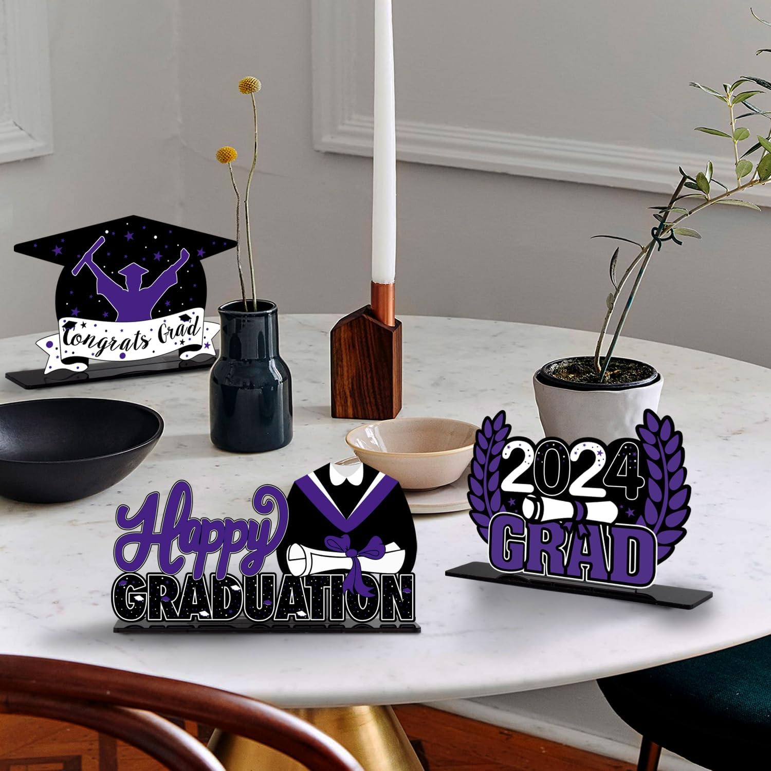 Decoraciones de fiesta de graduación de clase 2023 3 piezas de felicitaciones 2023 de graduación escolar de acrílico morado para centros de mesa de