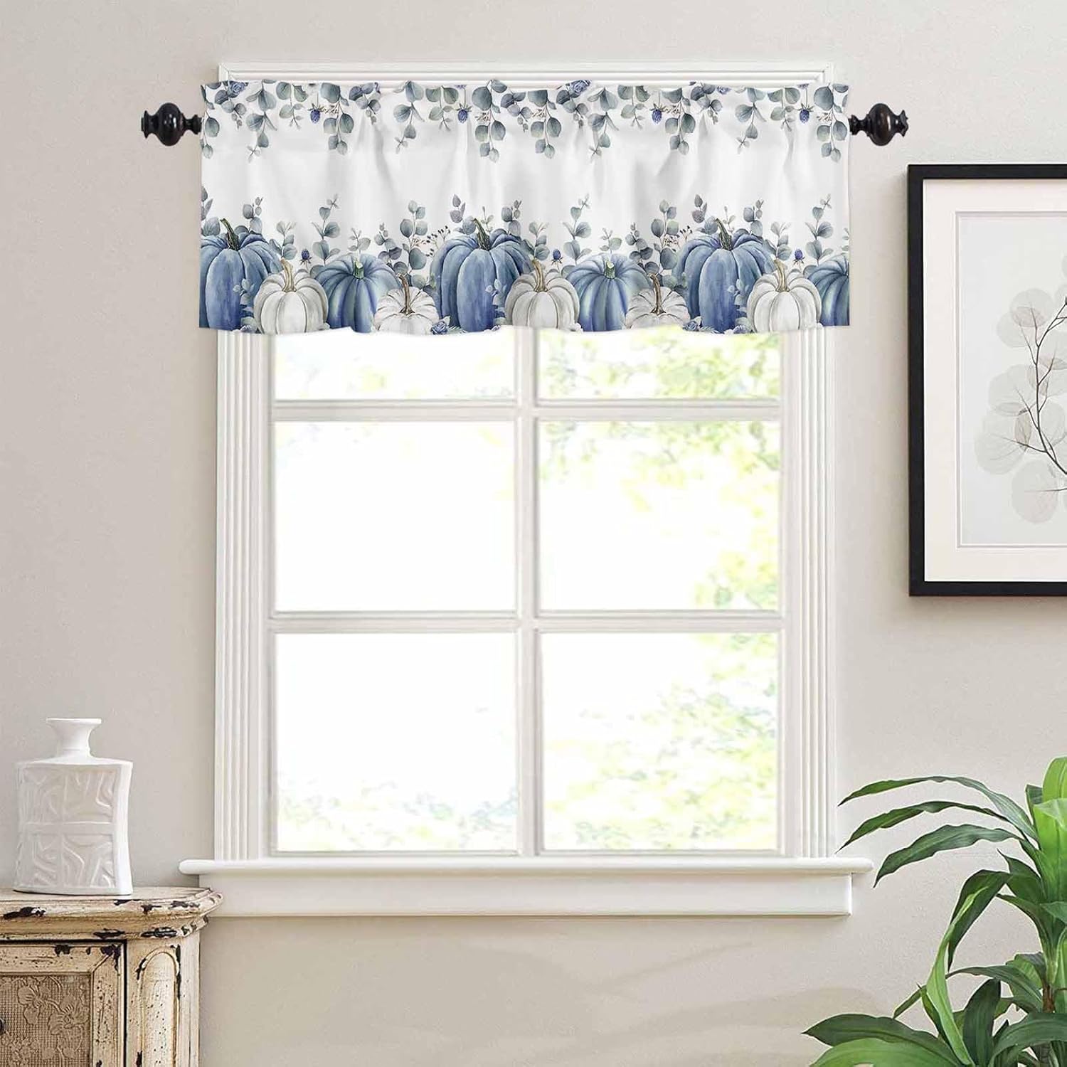 Cenefa de cortina de cocina con calabazas blancas y azules, cenefas cortas de otoño, para sala de estar, dormitorio, baño, cafetería, decoración de