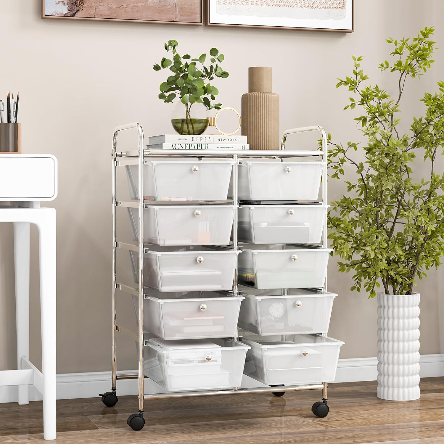 GOFLAME Carrito de almacenamiento con ruedas de 10 cajones, organizador de almacenamiento de manualidades sobre ruedas, carrito móvil multiusos para