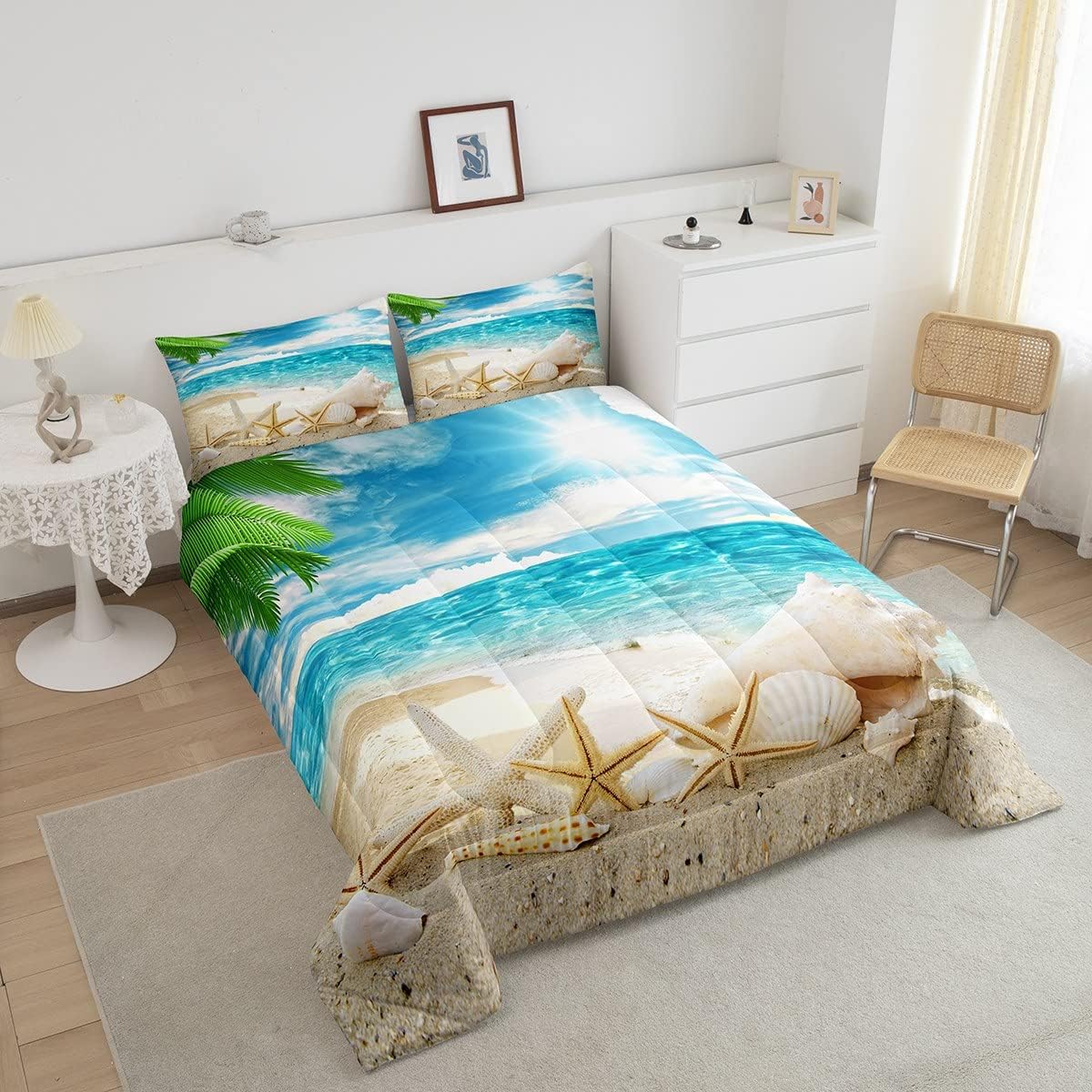 Erosebridal Juego de edredón con temática de playa, tamaño matrimonial, juego de ropa de cama con estampado de estrellas de mar y conchas marinas,