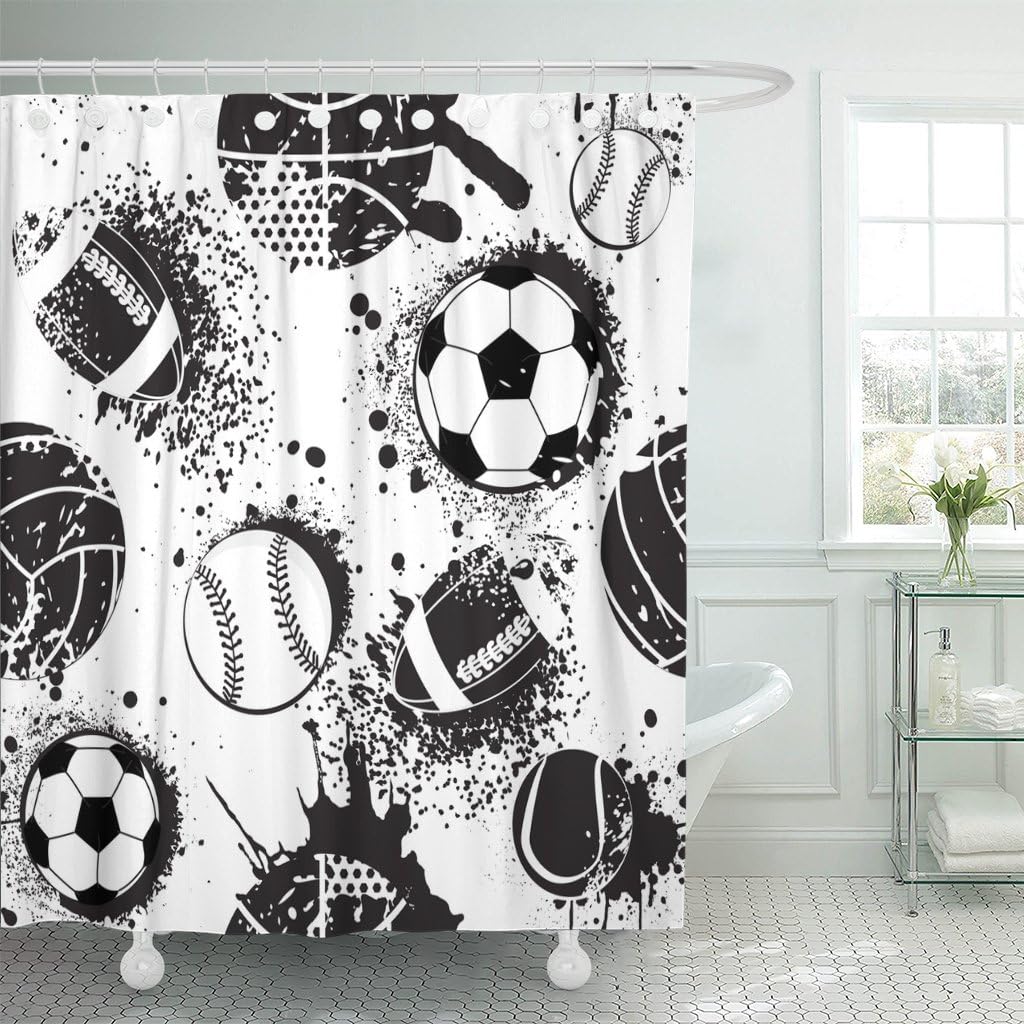 Emvency Cortina de ducha abstracta para niños, patrón de fútbol urbano, con pelota, colores blanco y negro, oscuro, grunge, tela de poliéster