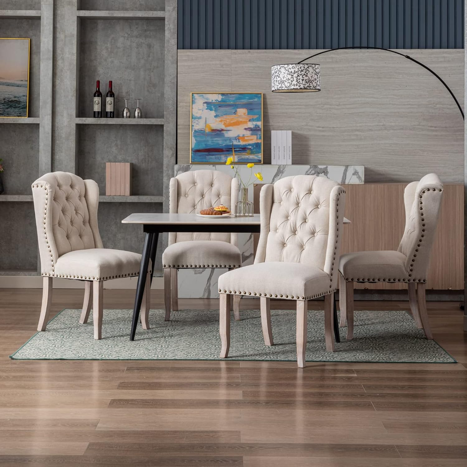 HEAH-YO Juego de 2 sillas de comedor modernas, sillas de cocina tapizadas con patas de madera y clavos de cobre, sillas copetudas sin brazos para