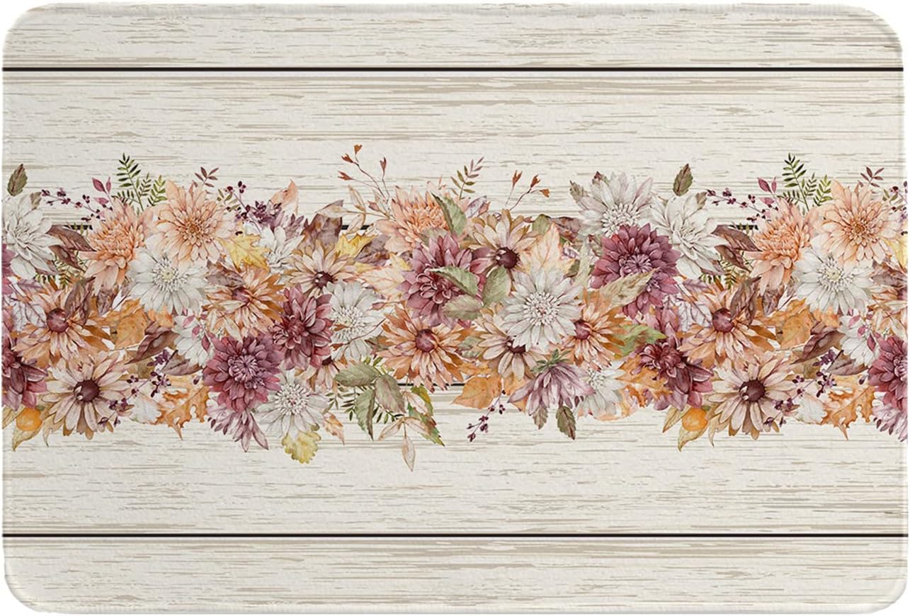 Tapete de baño con hojas florales otoñales para puerta de ducha para dormitorio, sala de estar, lavandería, alfombra de baño lavable, tapete de