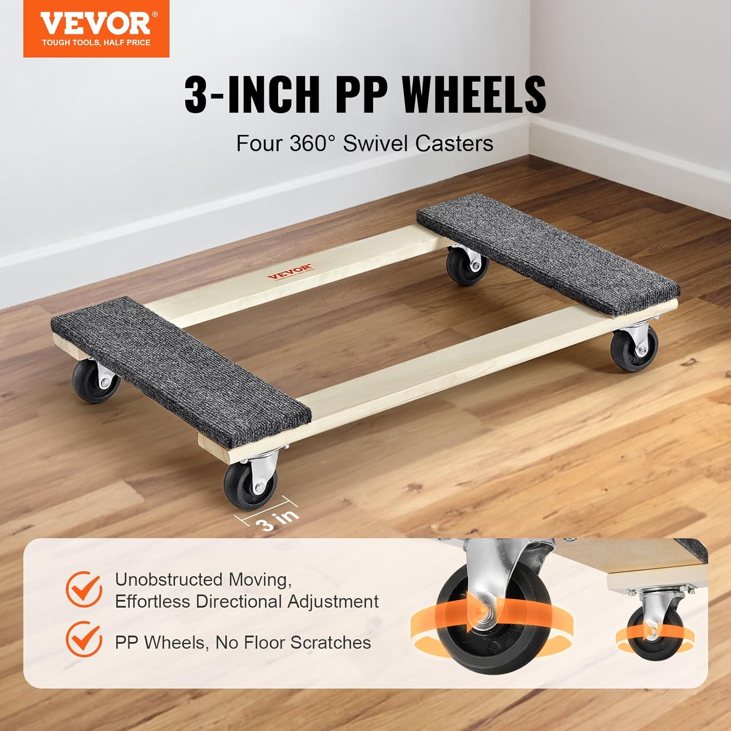 Carrito móvil para muebles de madera dura, 30 pulgadas x 18 pulgadas. Ruedas giratorias de 4 x 3 PP, carrito móvil de madera resistente, carrito