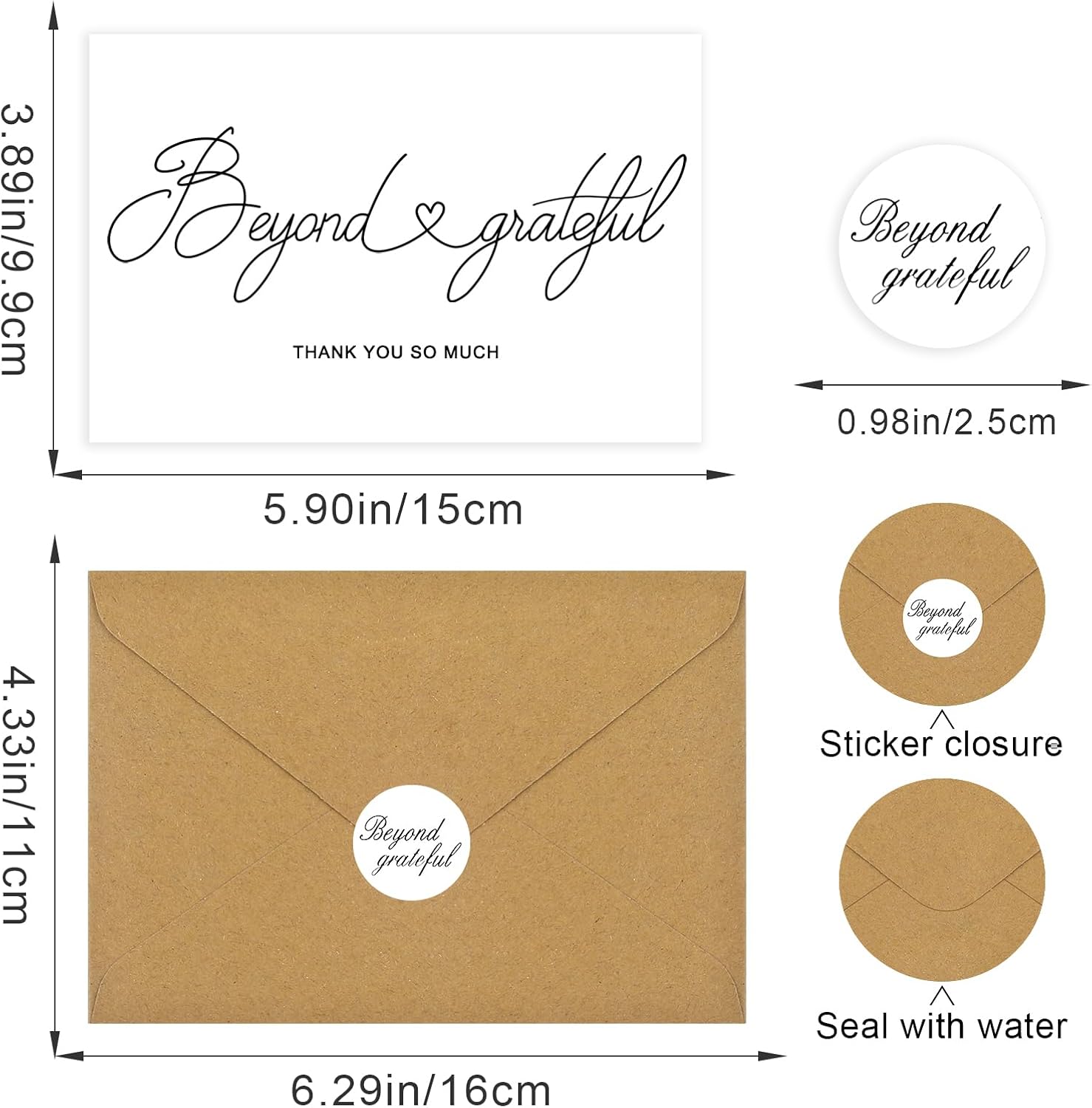 Tarjetas de agradecimiento con sobres y calcomanías, paquete a granel de 100 unidades, pequeñas tarjetas de agradecimiento en blanco de 4 x 6