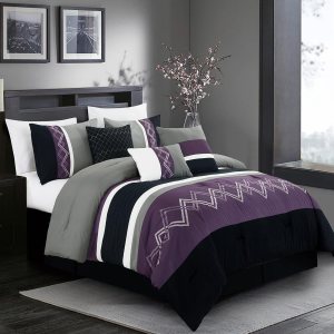 Chezmoi Collection Arden – Juego de edredón moderno de 7 piezas con diseño de rayas plisadas bordadas en zigzag (tamaño matrimonial, morado, negro, Chezmoi Collection Arden – Juego de edredón moderno de 7 piezas con diseño de rayas plisadas bordadas en zigzag (tamaño matrimonial, morado, negro,