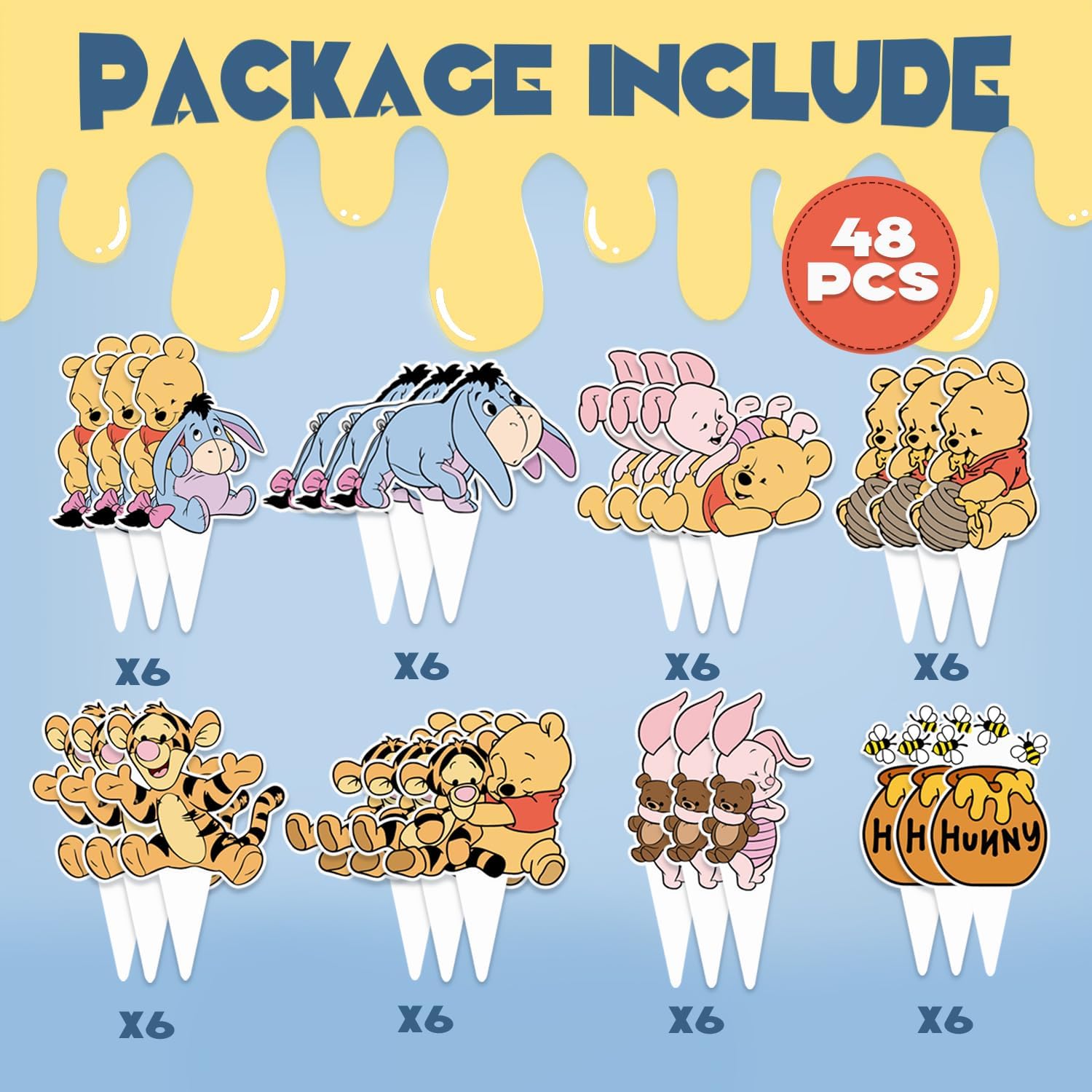 48CS Winnie Cupcake Toppers para fiesta de cumpleaños, decoración de cupcakes, decoración de baby shower