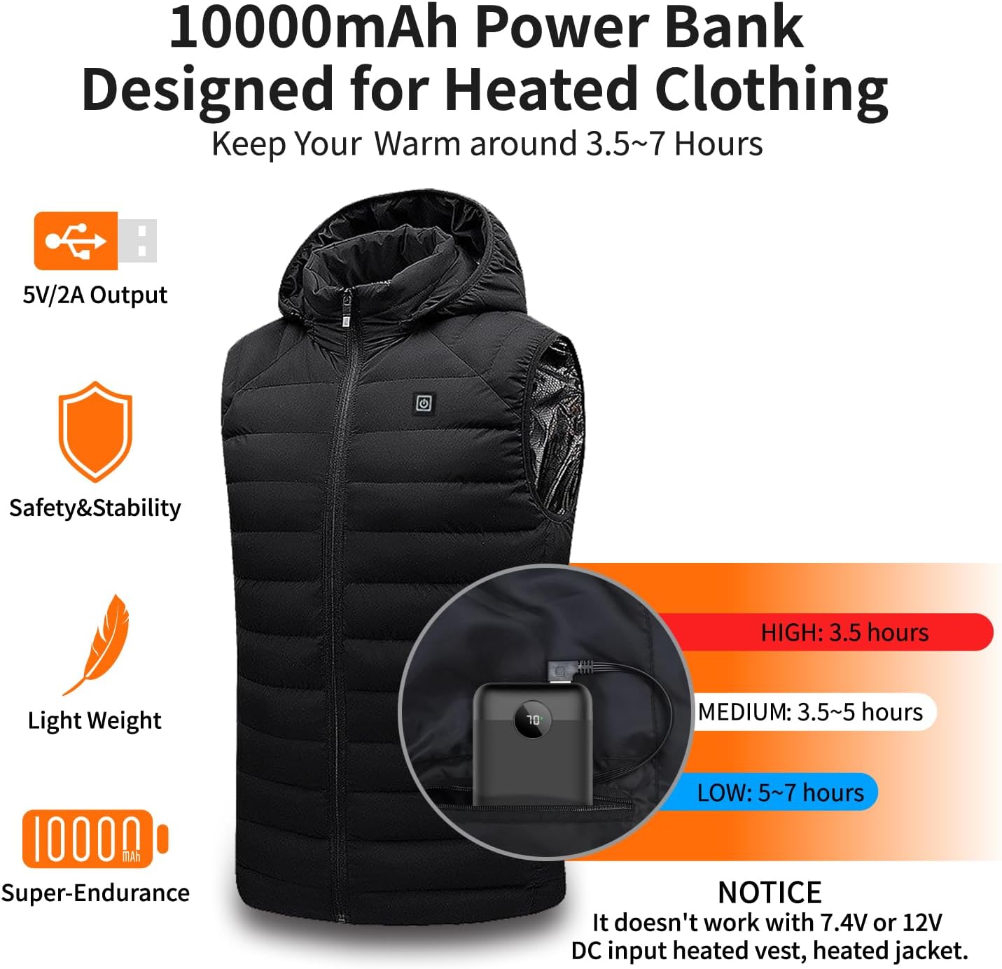 Paquete de batería de chaleco con calefacción, banco de energía de 5 V 2 A para chaqueta térmica, pantalones, asientos de estadio, pantalla LED