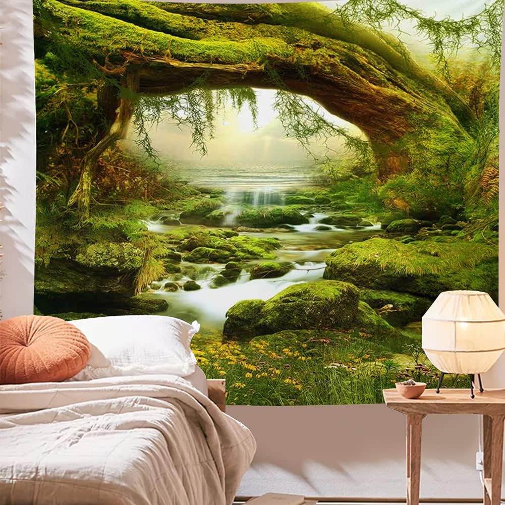 Tapiz de bosque mágico, decoración para el hogar, sala de estar, dormitorio, para usar como cortina (luz del sol y arroyo, 90.5 de largo x 70.8 de