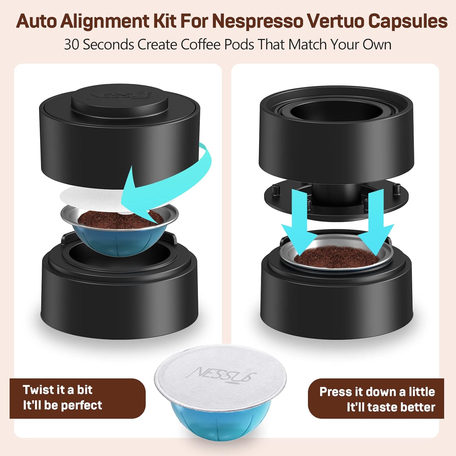 Nessus Juego de 100 tapas de papel de aluminio originales de Vertuo reutilizables, ALSeal EZ FIT para cápsulas recargables Nespresso, compatibles