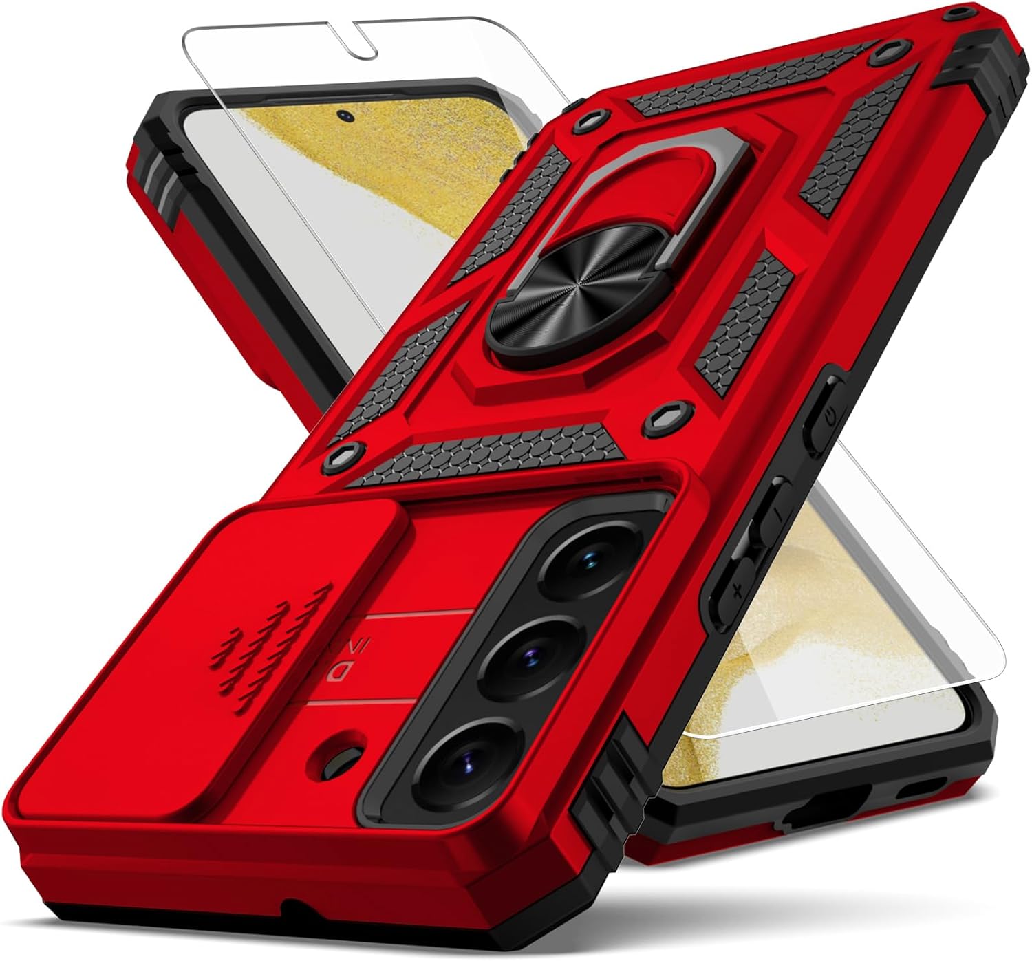 Funda para Samsung Galaxy S22, con cubierta para lente de cámara, protector de pantalla HD, grado militar anillo de montaje en coche con soporte
