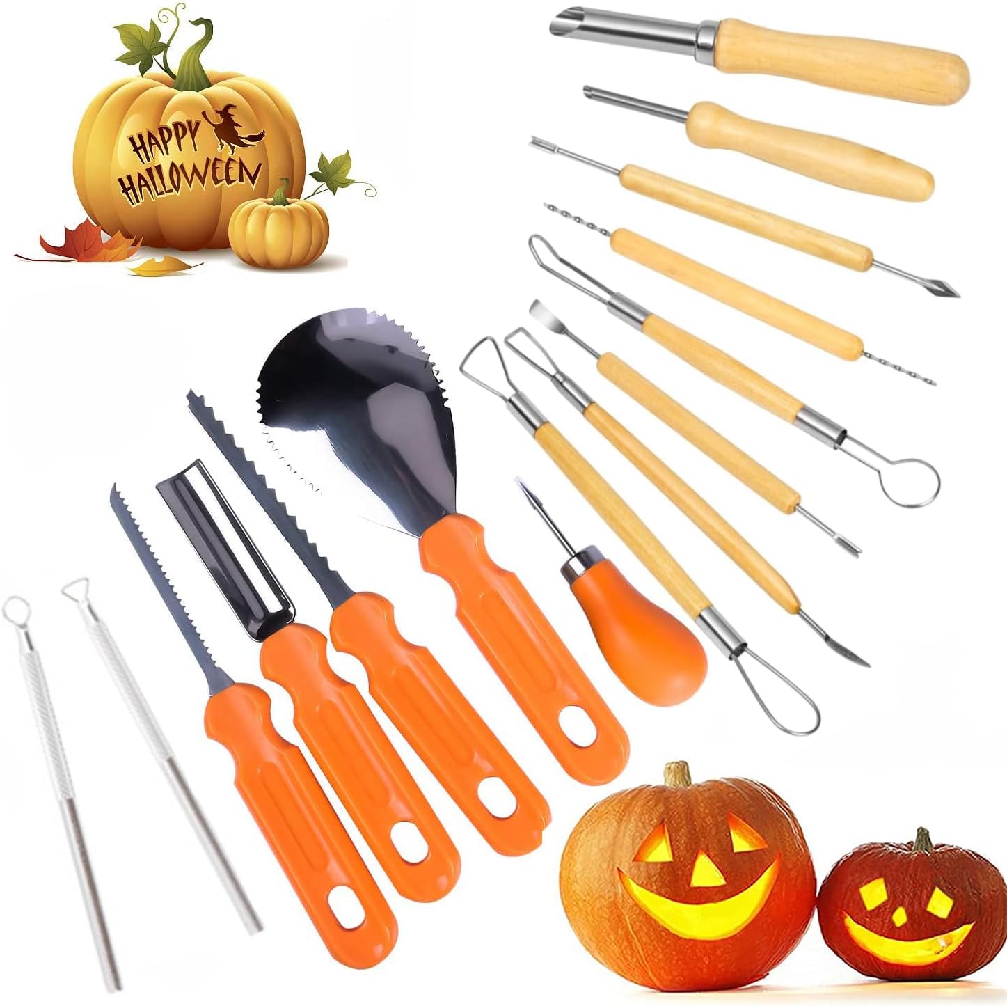 Kit de tallado de calabaza, herramientas de Halloween, juego profesional de tallado de 15 piezas, acero inoxidable de doble cara, herramienta de