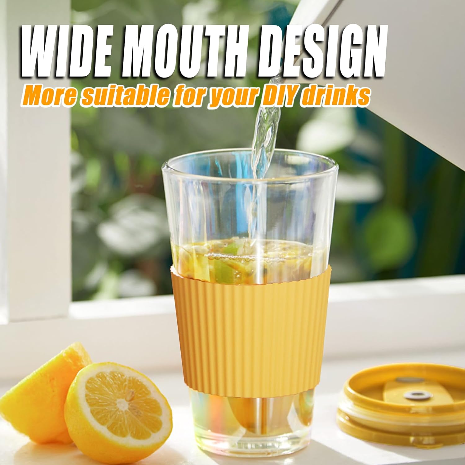 KOPWVA Vaso de vidrio de 15 onzas con popote y tapa de vidrio, taza de café helado Aurora de 15.2 fl oz con funda protectora de silicona, cabe en