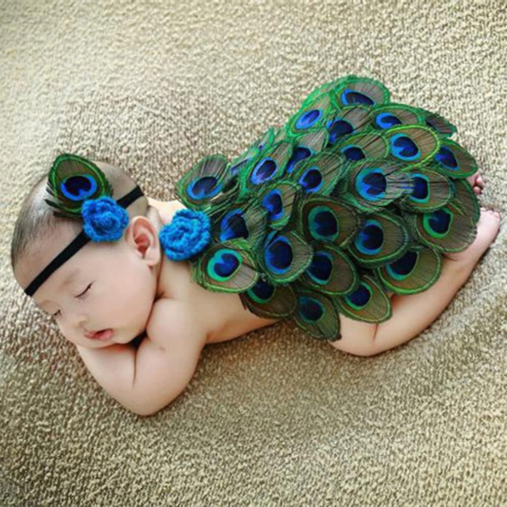 Trajes de fotografía para bebé, alas de plumas de pavo real + diadema para bebés, niños y niñas de 0 a 2 meses, accesorios de fotografía para bebés