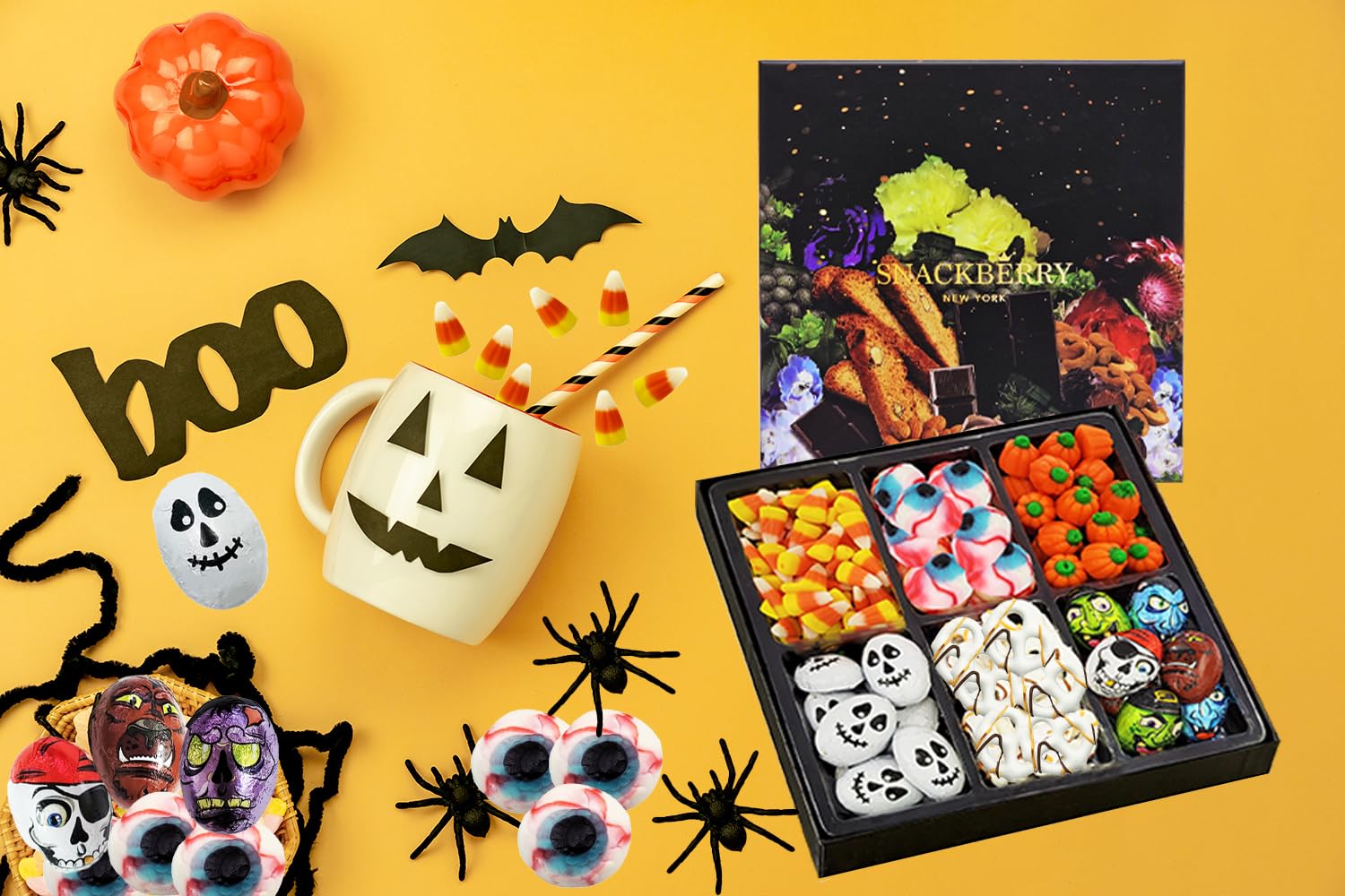 Snackberry – Caramelos de Halloween, chocolate, gomitas, cesta de regalo, maíz dulce, calaveras y monstruos de chocolate, globos oculares de gomita,