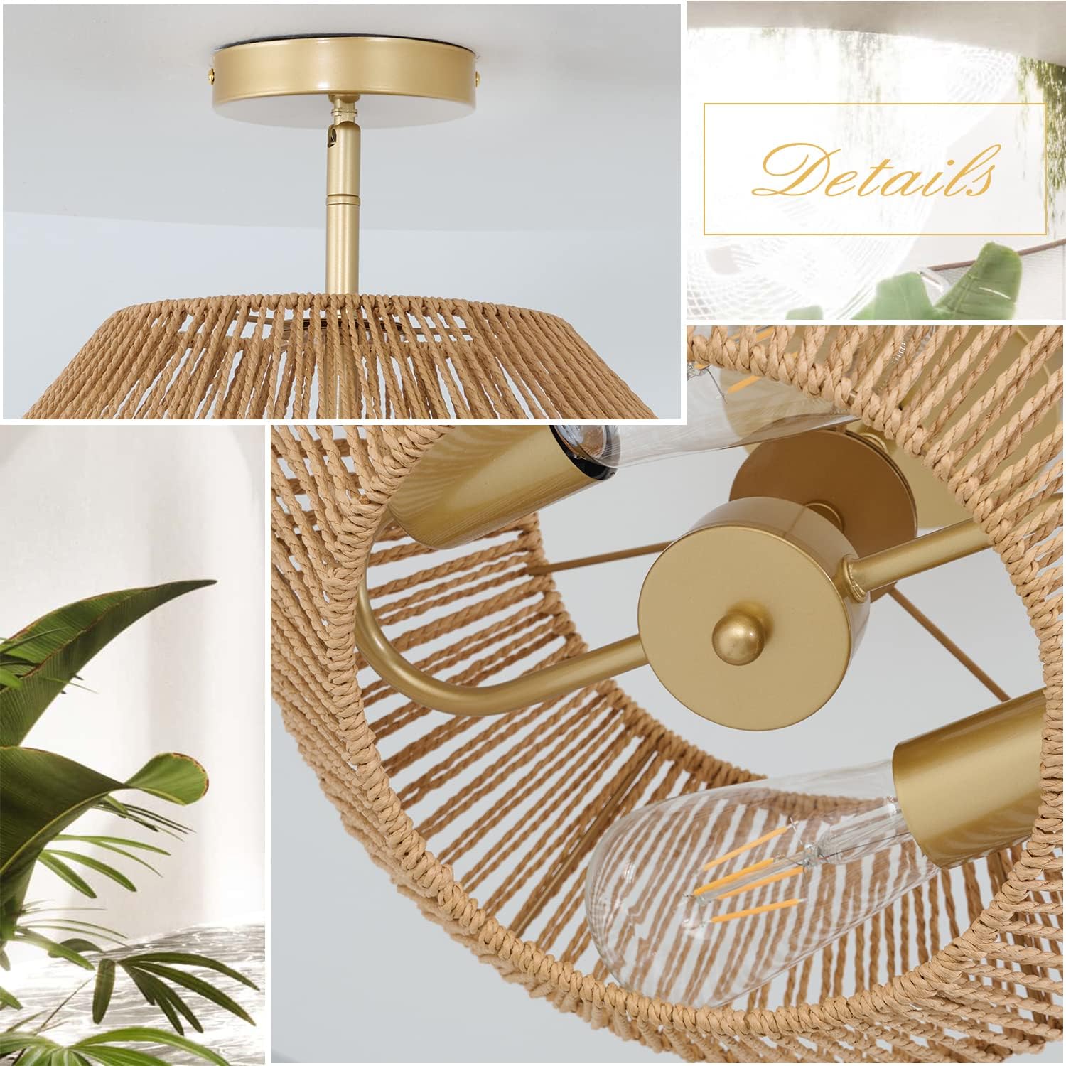 Lámpara de techo de ratán tejida con 2 luces, color beige, estilo casa de campo, semiempotrada, para dormitorio, pasillo, guardería, entrada