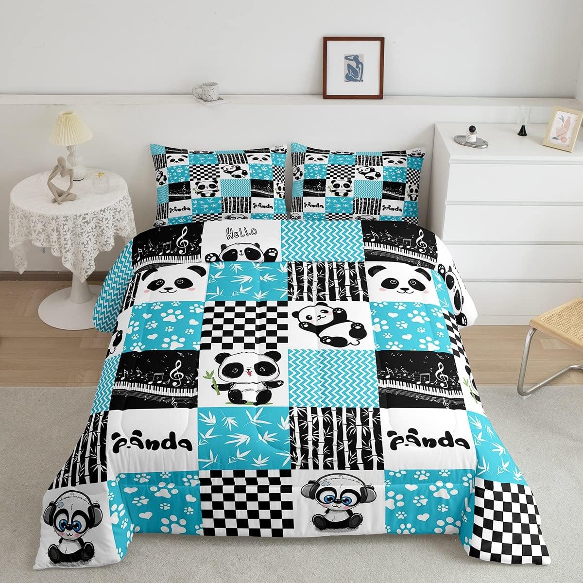 Manfei Lindo juego de edredón de panda, tamaño individual, con hojas de bambú, nota musical, estampado de patas, 2 piezas, para niños y niñas,