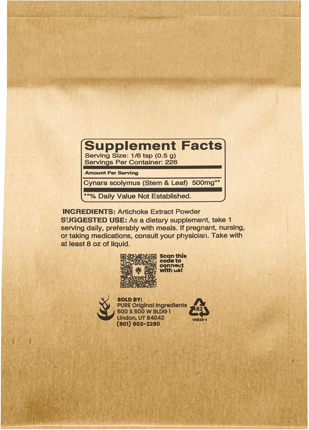 PURE ORIGINAL INGREDIENTS Extracto de alcachofa (4 oz) Suplemento de hierbas, sin gluten, sin OMG