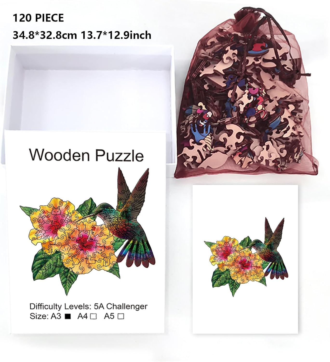 GLOBLELAND Rompecabezas de madera para adultos, 120 piezas de colibrí y flores, rompecabezas de madera para adultos, rompecabezas de animales