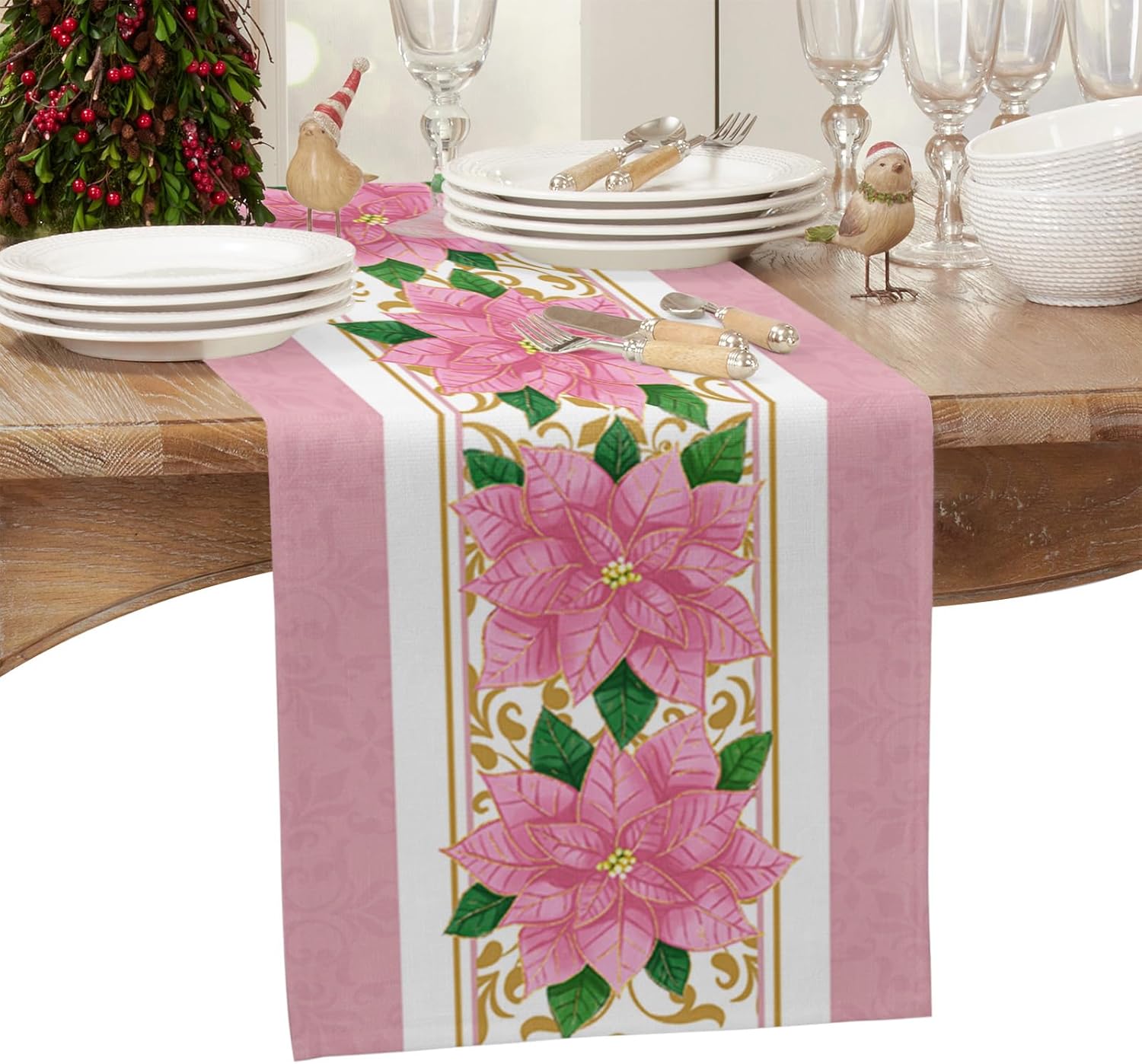 Camino de mesa de lino de algodón con textura de flor de pascua rosa de Navidad, camino de mesa de invierno con textura, sin arrugas, 13 x 36
