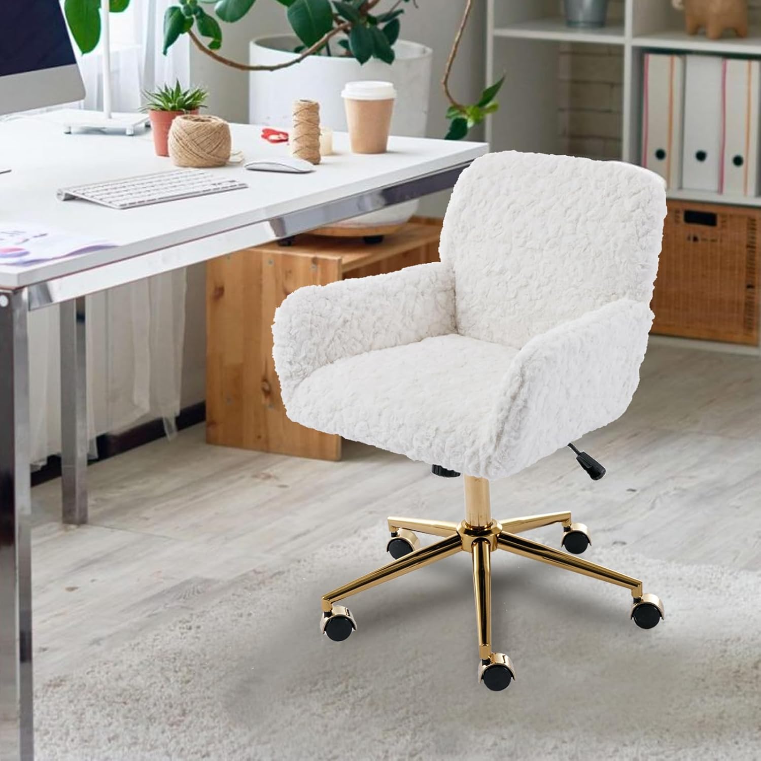 SSLine Silla de escritorio de piel sintética, moderna y bonita silla de oficina, cómoda silla giratoria de tela de peluche mullida con ruedas para