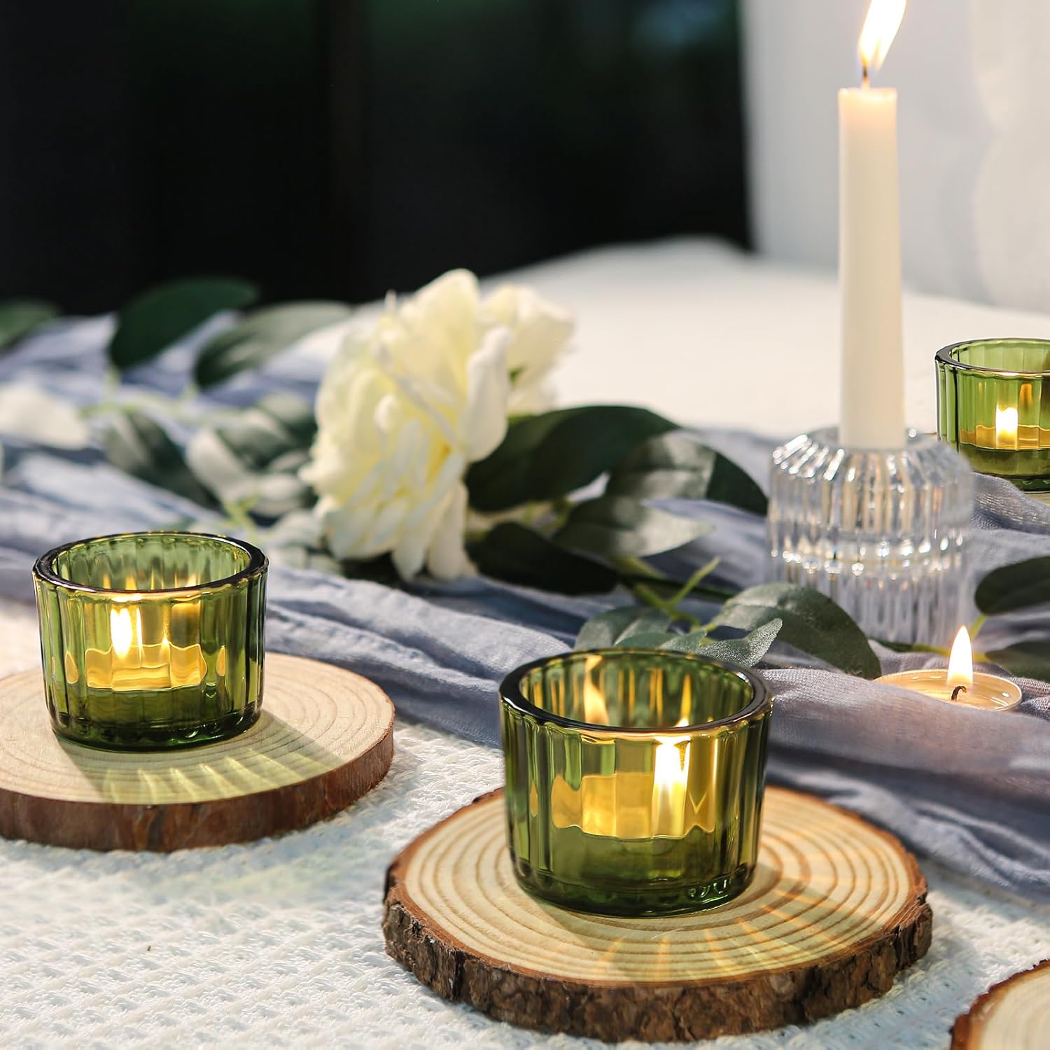 36 portavelas verdes para decoración de bodas, portavelas votivas, relleno de cera de cristal transparente romántico para cumpleaños, portavelas