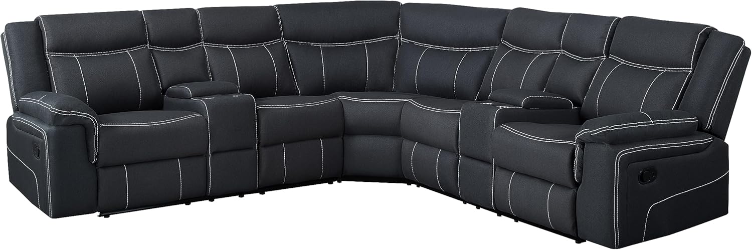 Moderno sofá seccional de movimiento manual en forma de L esquinero de 5 plazas, sofá reclinable curvado y simétrico tapizado con 2 consolas de