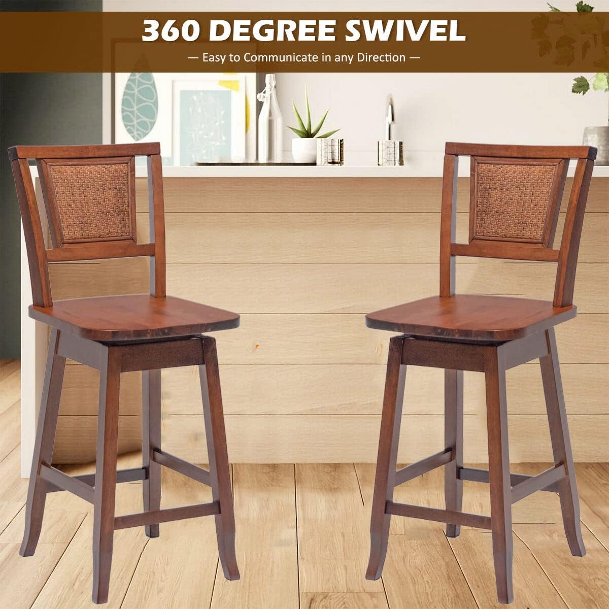 Taburete de bar, silla alta, taburete de bar de altura de asiento de 24.5 pulgadas, taburete de madera giratorio de 360 con respaldo de ratán,