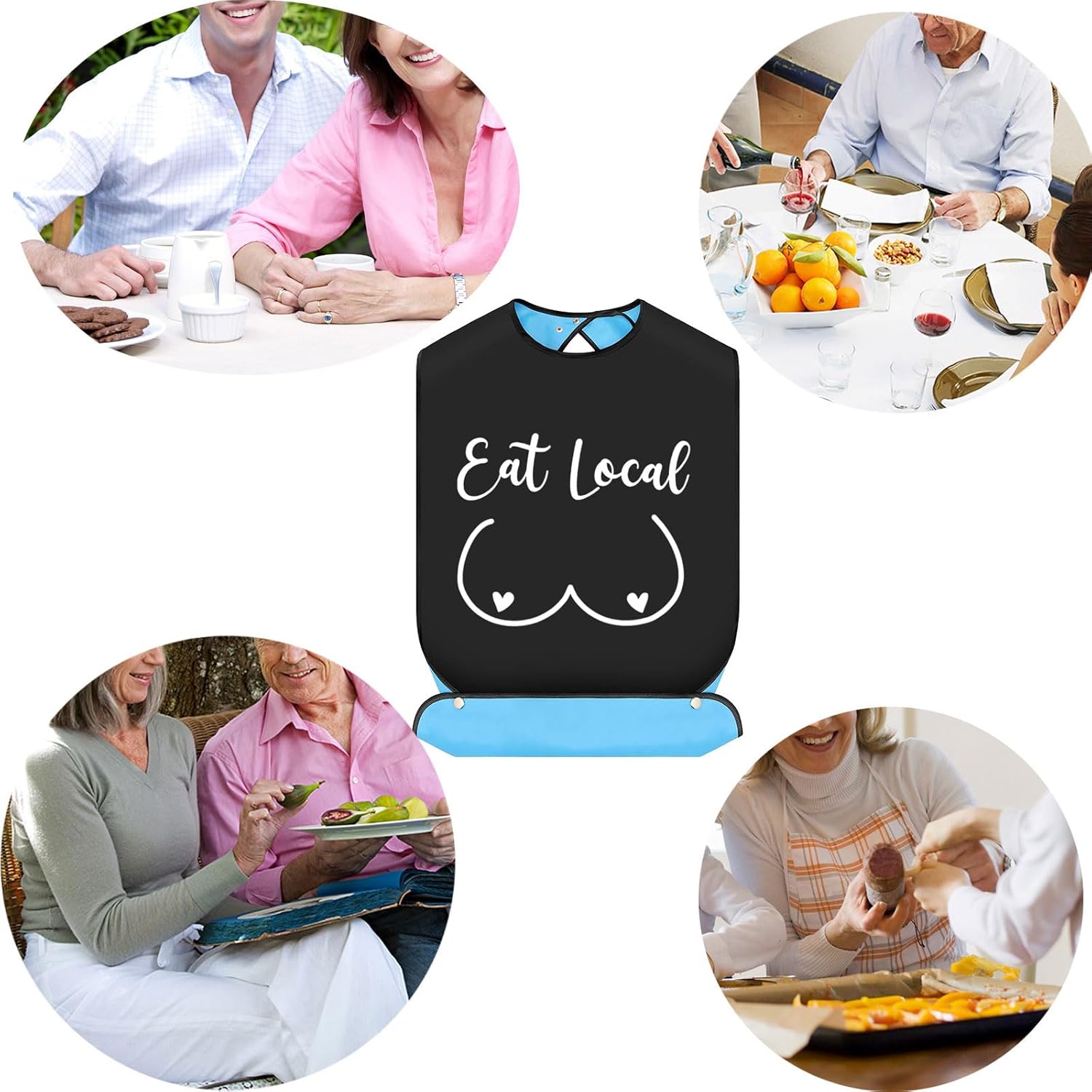 Eat Local – Baberos para adultos con recogedor de migas, bromas de mordaza, regalo ajustable, protectores de ropa para comer