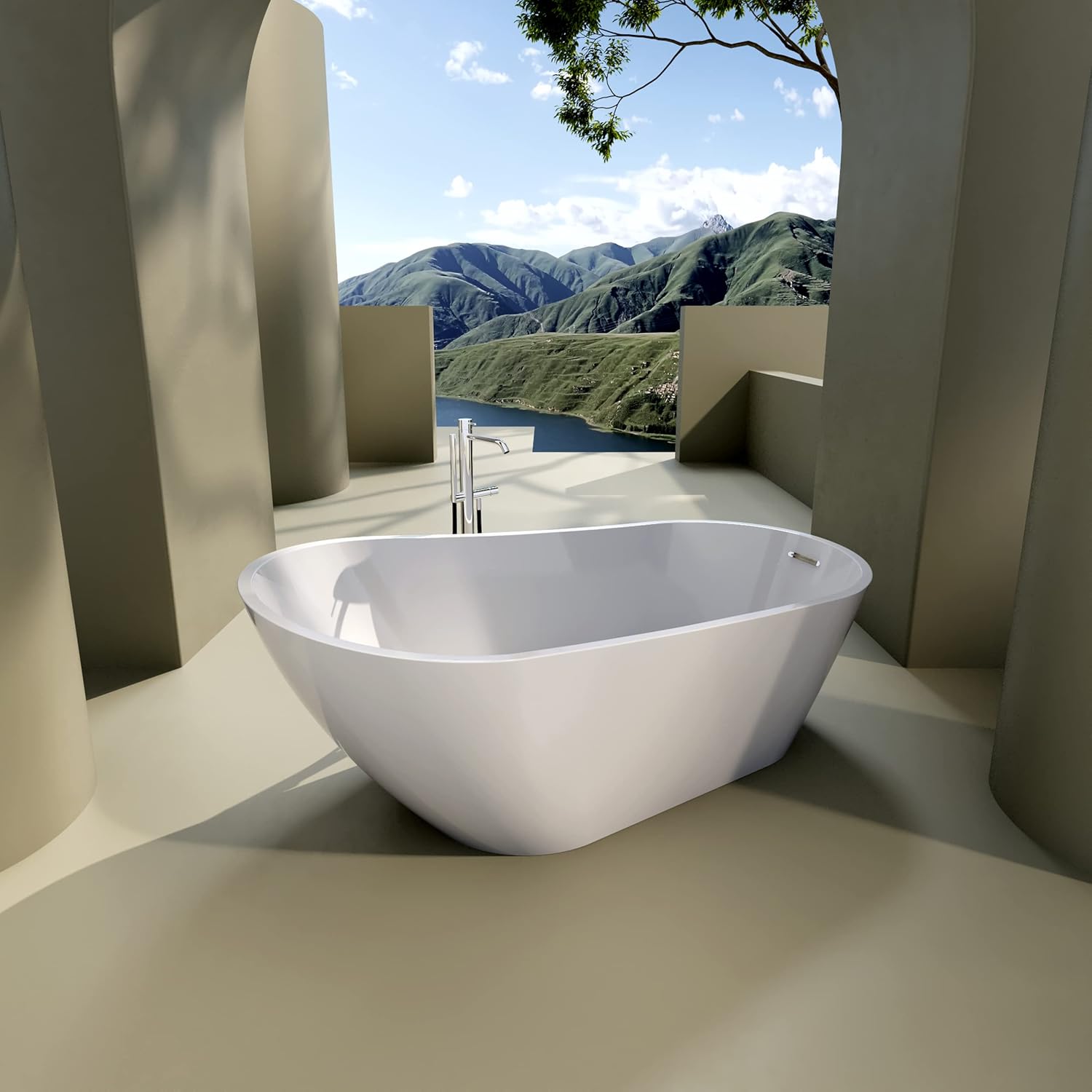OMGO – Bañera independiente de acrílico de 67 pulgadas, bañera contemporánea con desbordamiento cromado y manguera de drenaje proporciona, patas