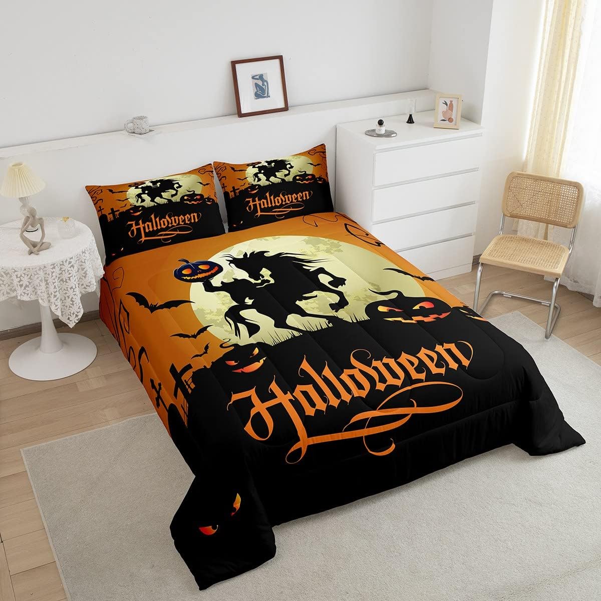 Erosebridal Juego de ropa de cama con temática de Halloween, tamaño King, Kawaii, calabaza, murciélagos, juegos de ropa de cama con estampado de