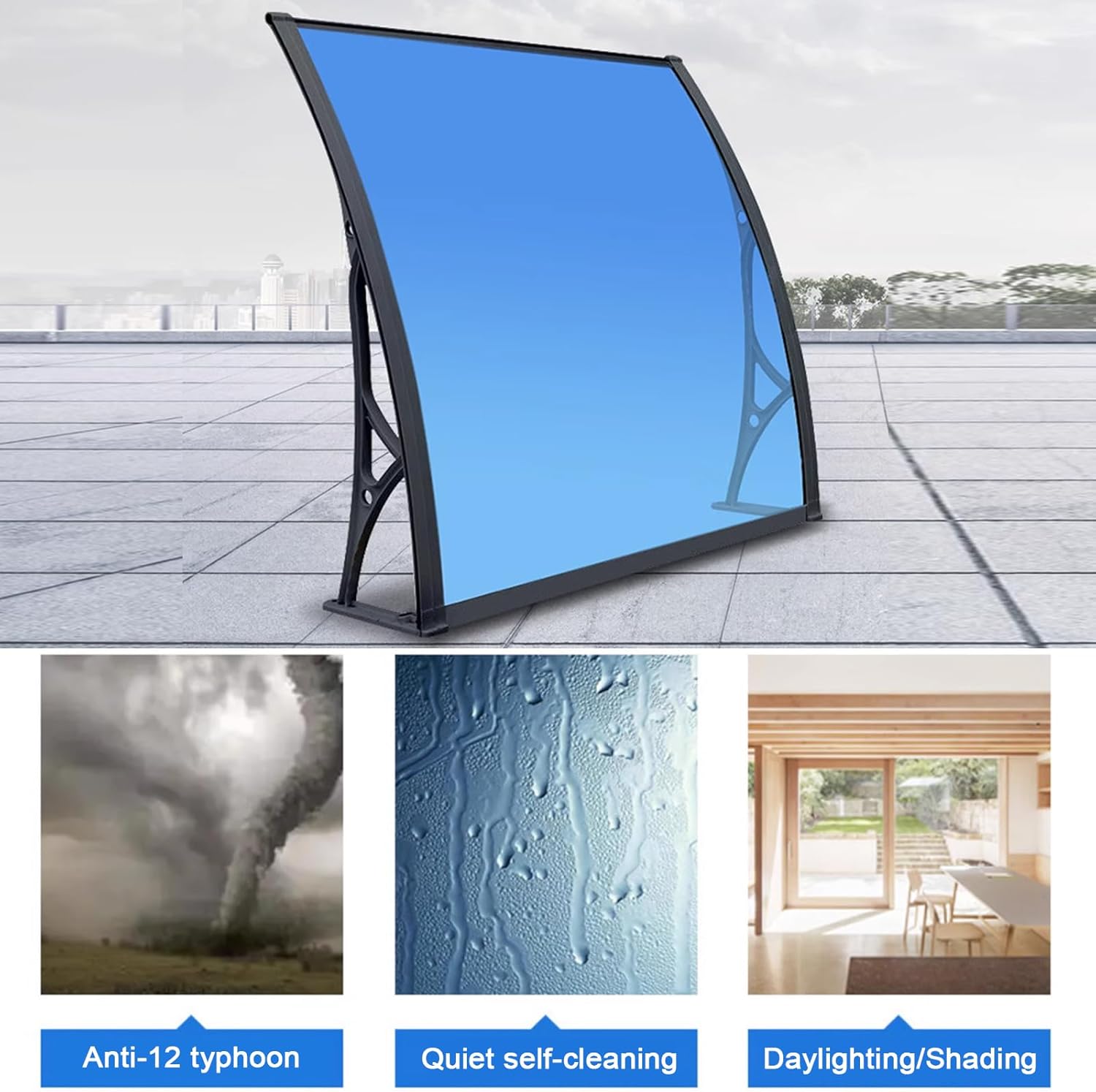 Cubierta de policarbonato curvada azul, cubierta de aleación de aluminio, refugio de lluvia para ventana del hogar, toldo de ventana de puerta,