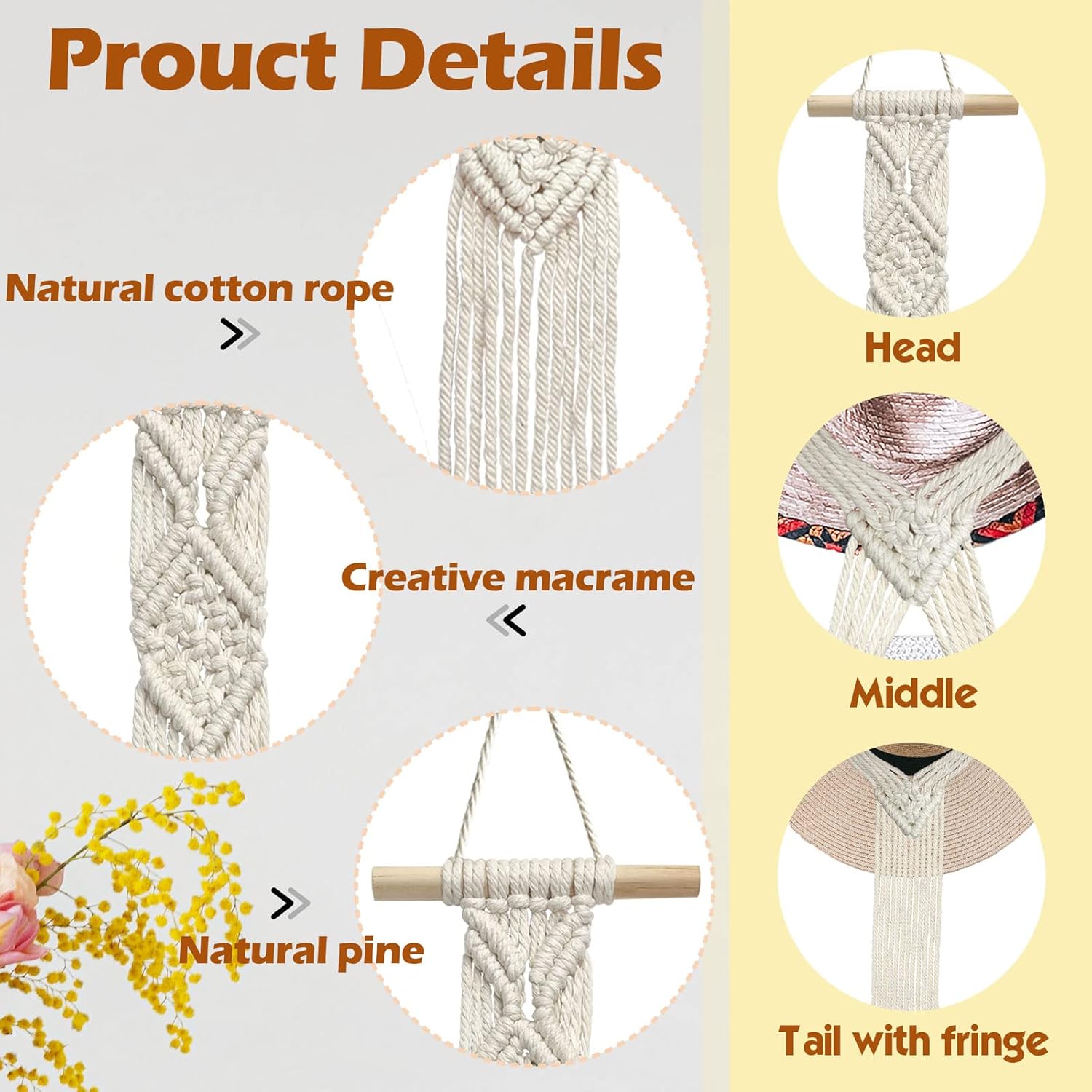 Organizador de sombreros de macramé para pared, colgadores bohemios para colgar en la pared, tejido a mano, organizador decorativo para sombreros de